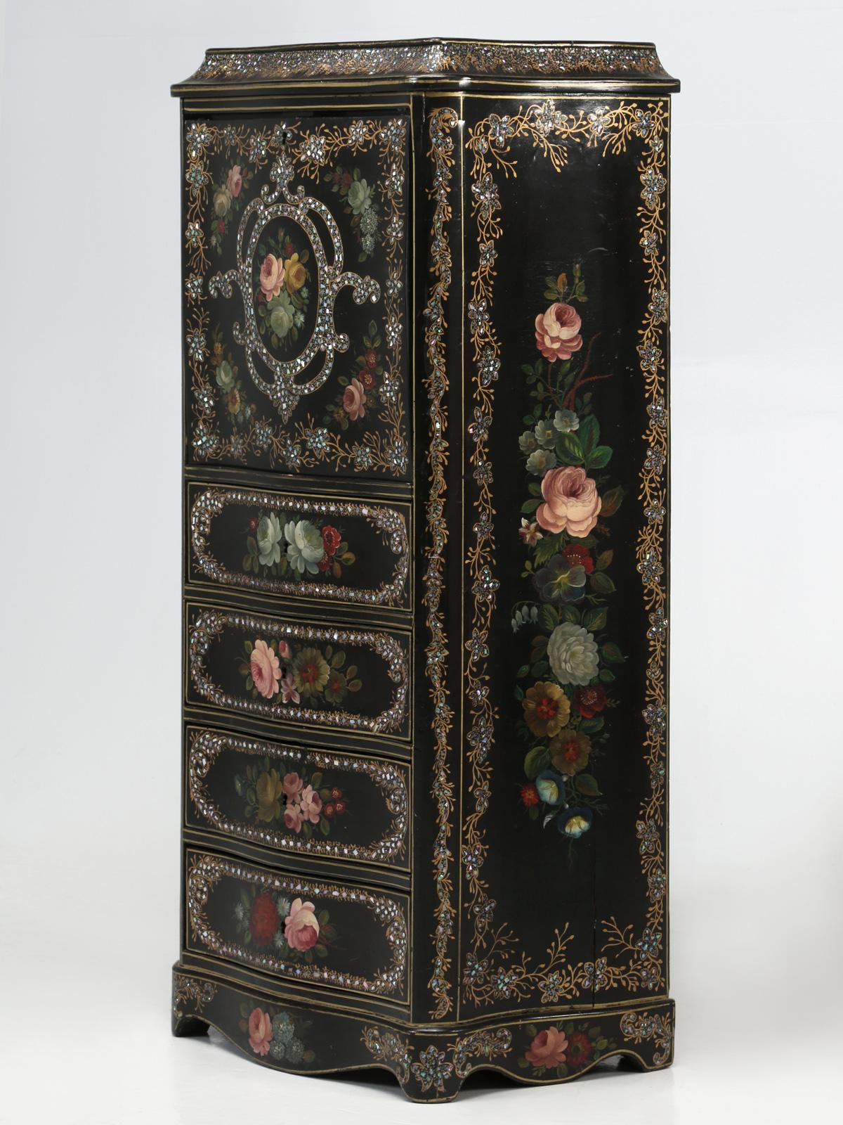 Hand-Painted Napoleon III Antique French Secretary in Black Lacquer and Mother of Pearl Inlay