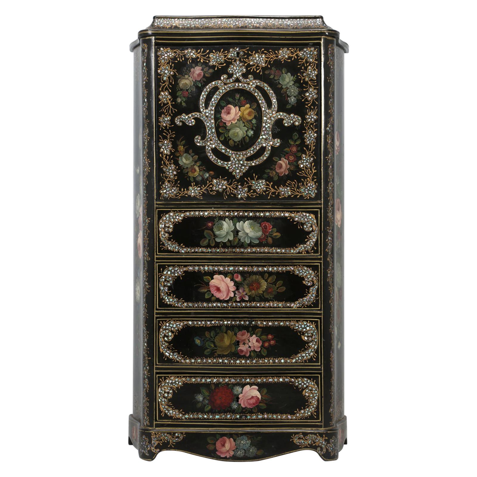 Napoleon III Antique French Secretary in Black Lacquer and Mother of Pearl Inlay