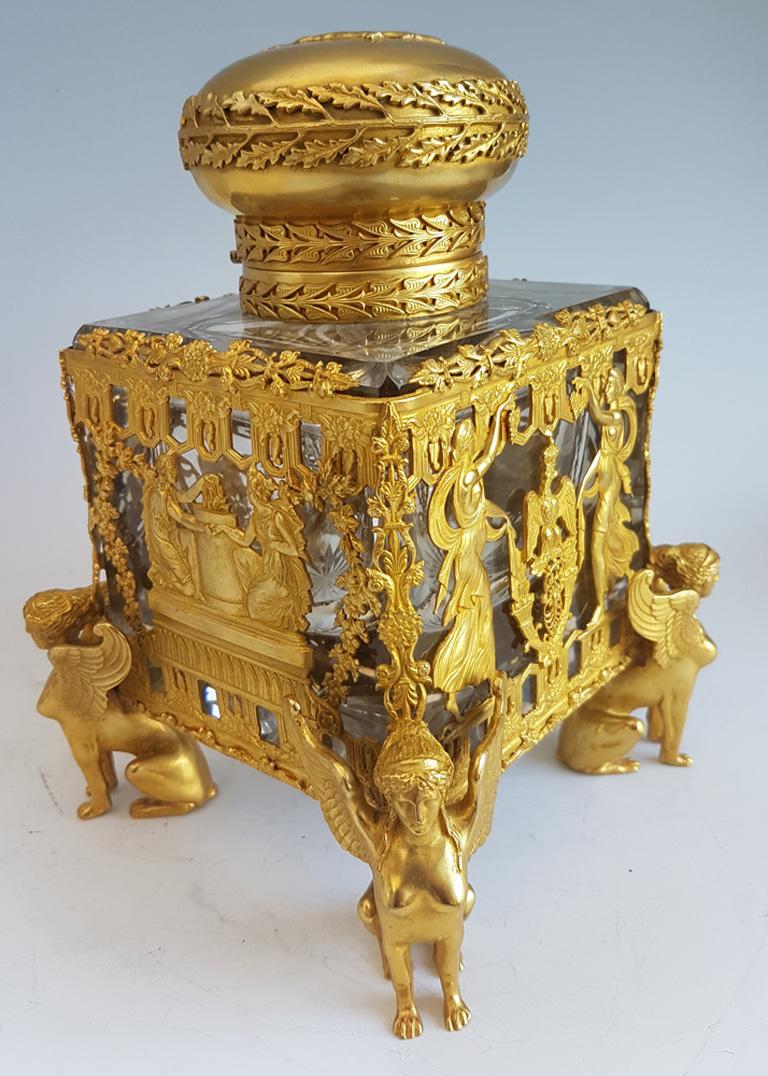 French Napoleon III Baccarat Crystal Glass and Gilt Bronze Inkwell of Impressive Size For Sale