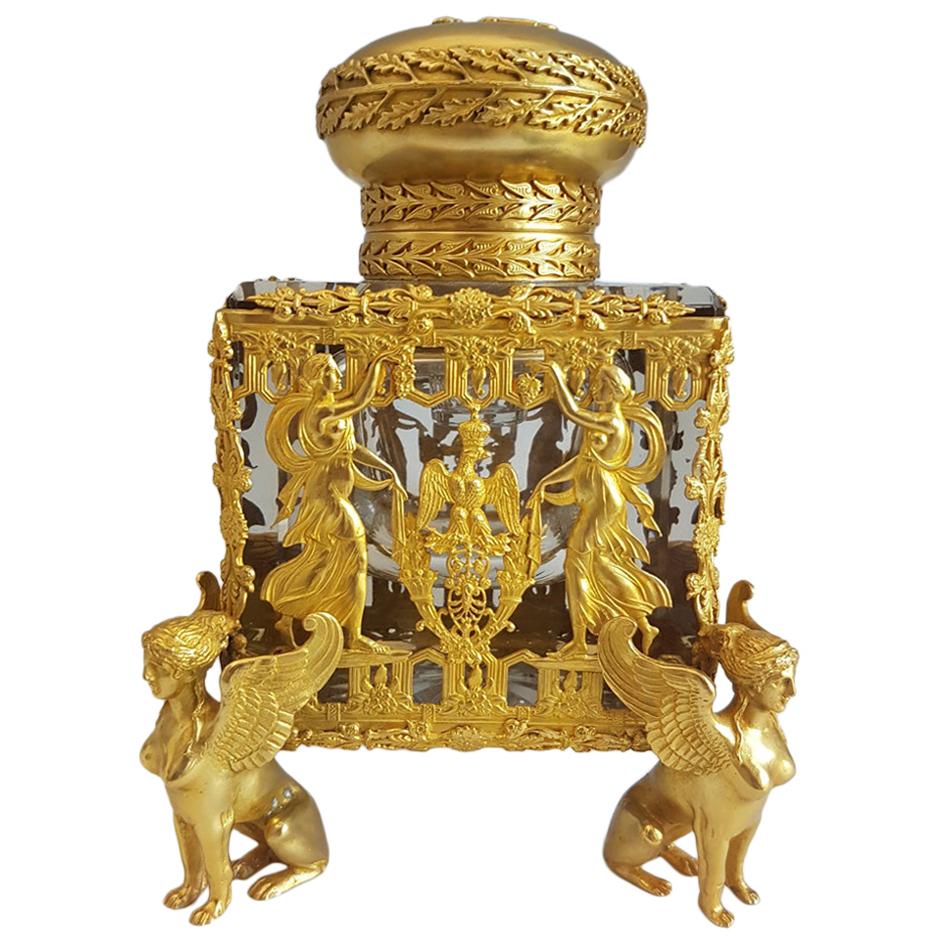 Encrier Napoléon III en verre de cristal de Baccarat et bronze doré de taille impressionnante