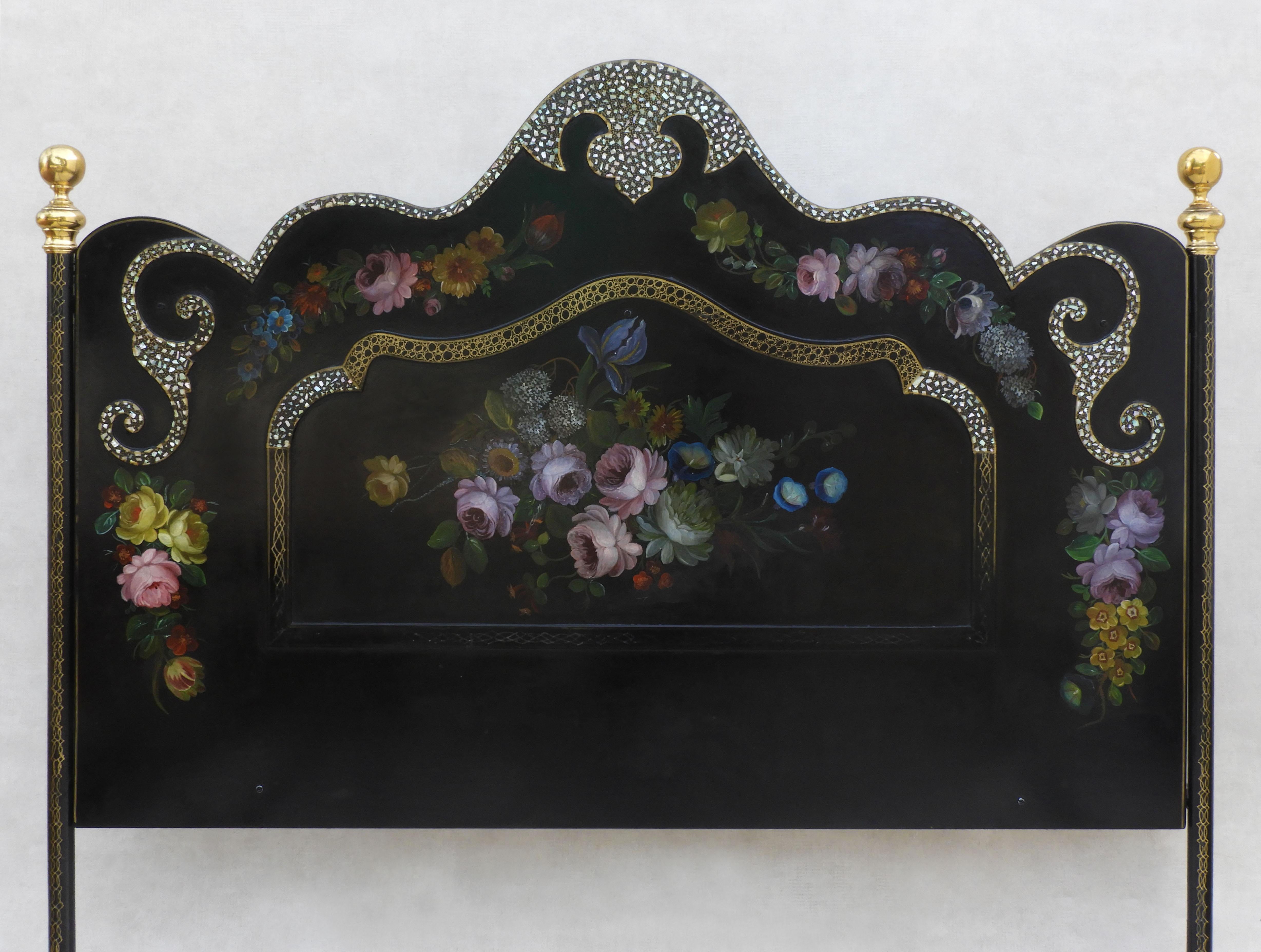 French Napoleon III Bed with Hand Painted Florals and Mother of Pearl Detailing