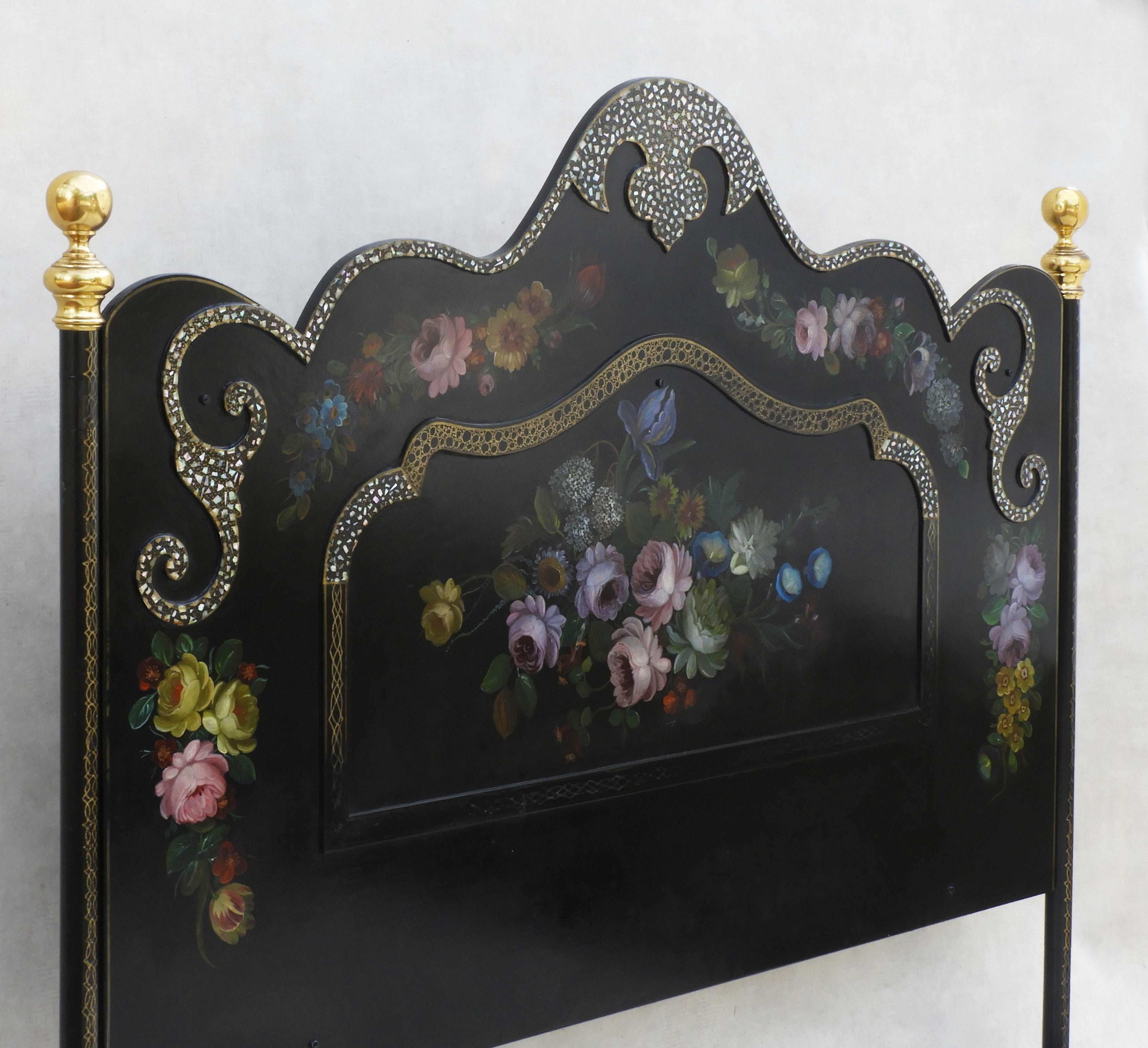 Hand-Painted Napoleon III Bed with Hand Painted Florals and Mother of Pearl Detailing
