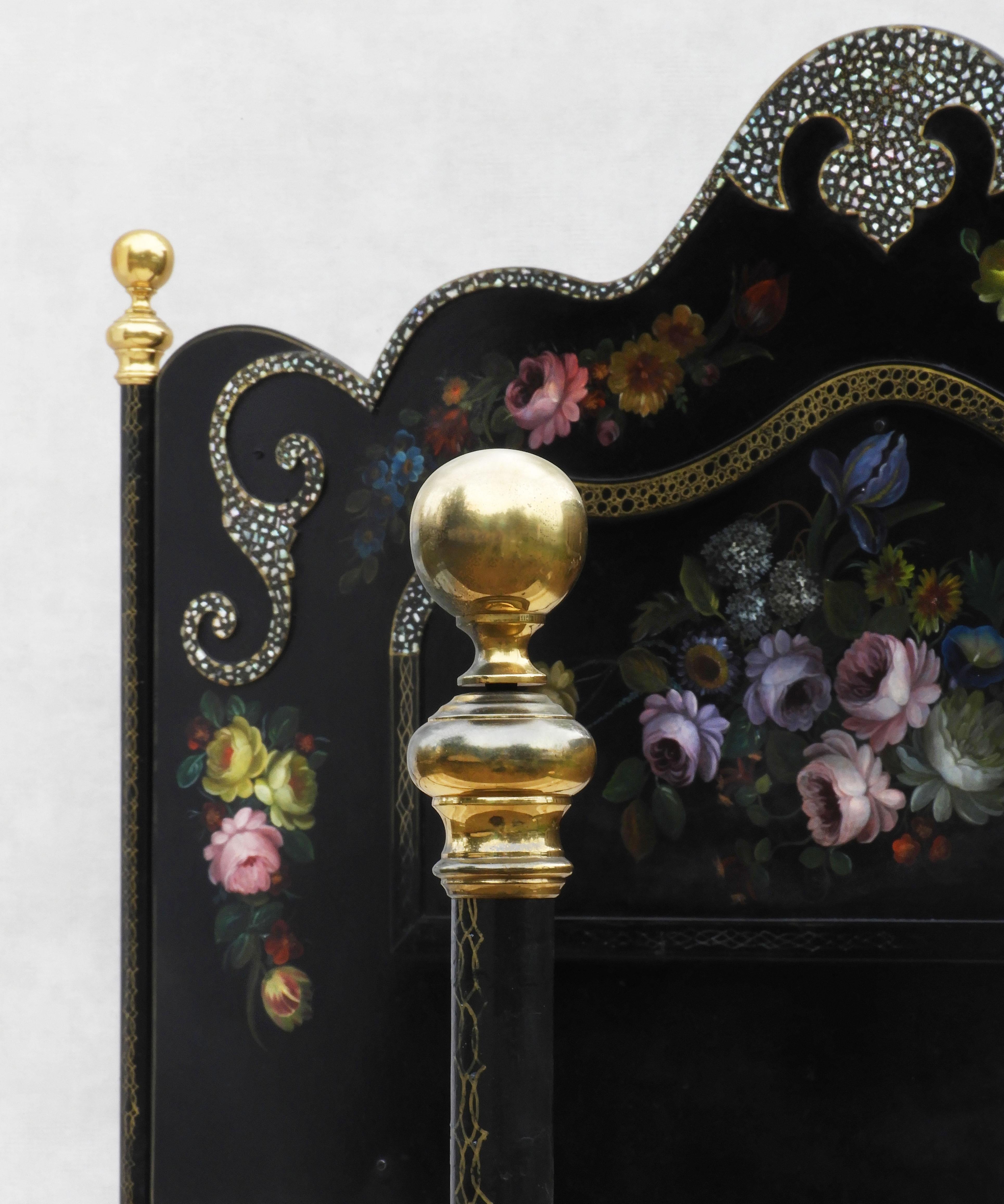 Late 19th Century Napoleon III Bed with Hand Painted Florals and Mother of Pearl Detailing