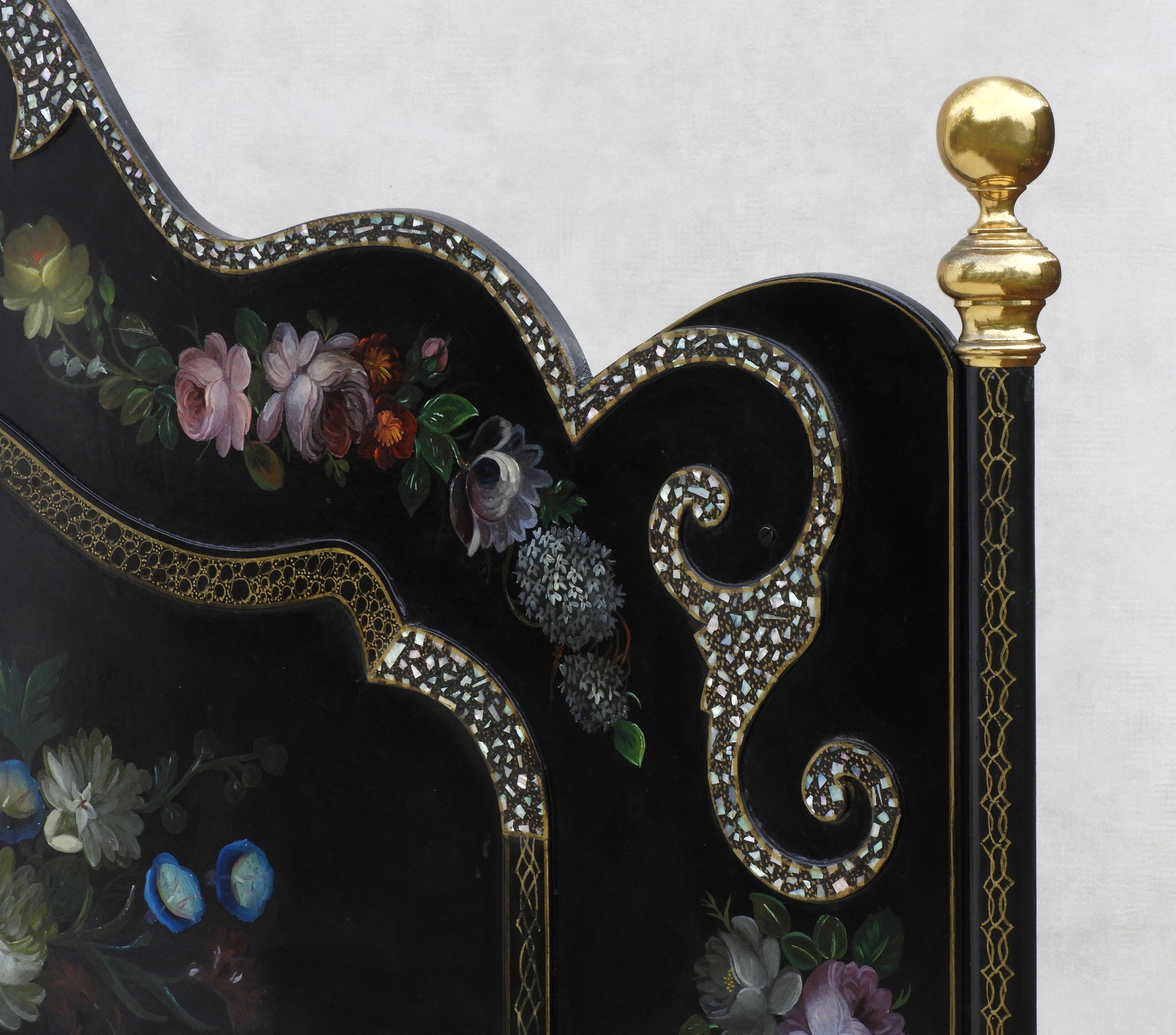 Iron Napoleon III Bed with Hand Painted Florals and Mother of Pearl Detailing