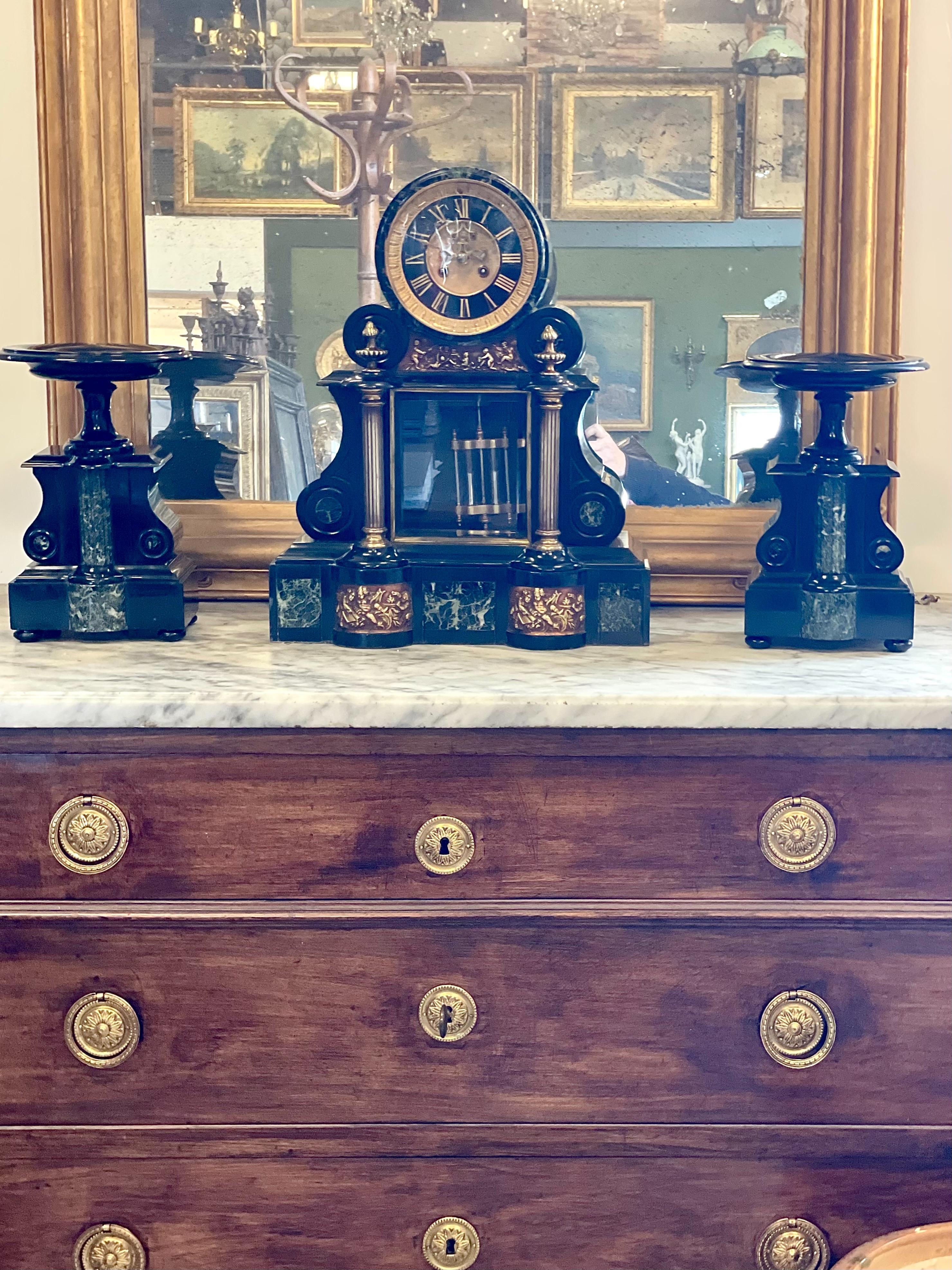 Napoléon III Black and Green Marble Clock Garniture with Gilded Bronze Ornaments 6