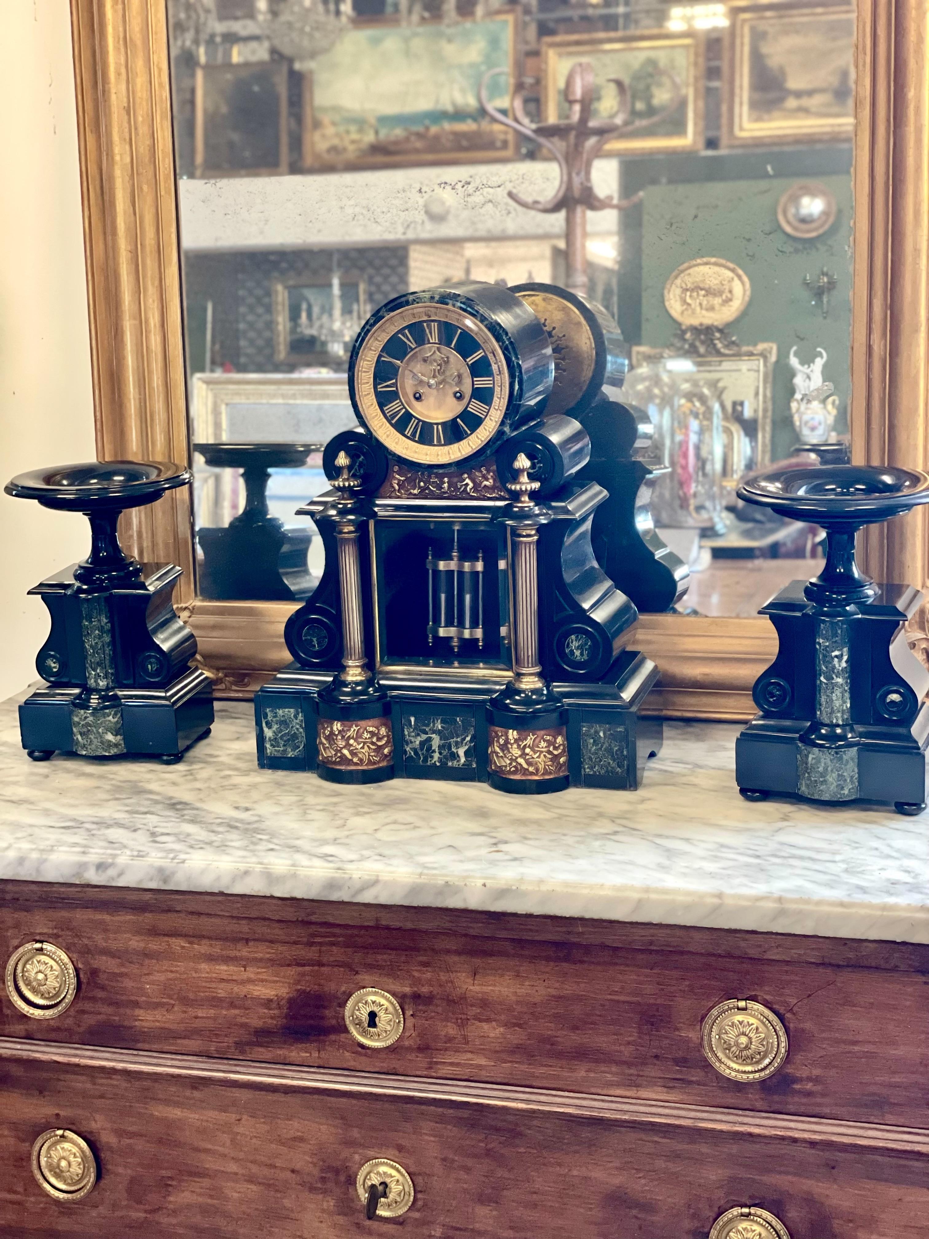 Napoléon III Black and Green Marble Clock Garniture with Gilded Bronze Ornaments 13