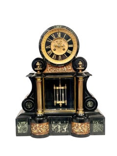 Napoléon III Black and Green Marble Clock Garniture with Gilded Bronze Ornaments
