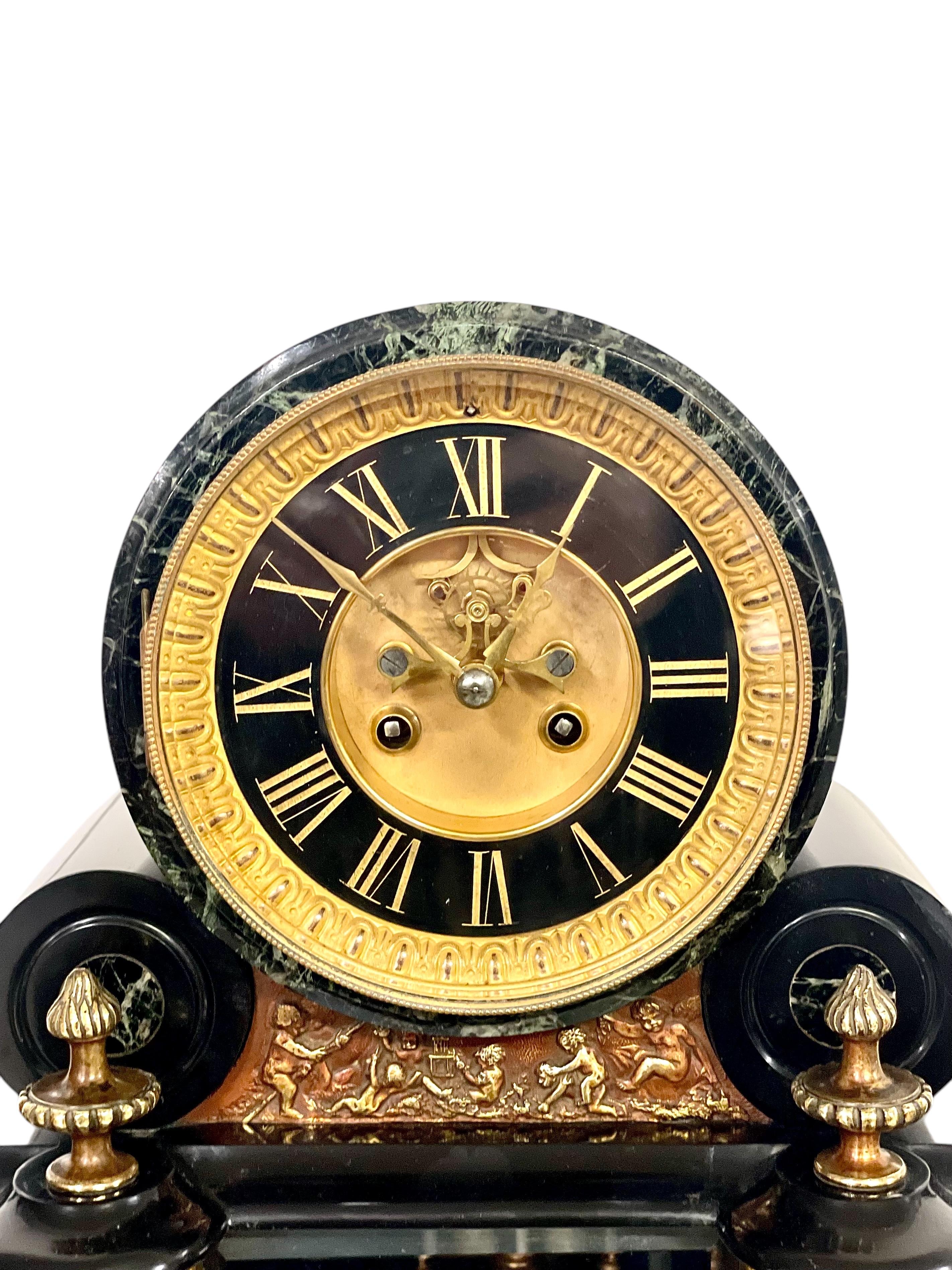 Napoleon III Napoléon III Black and Green Marble Clock Garniture with Gilded Bronze Ornaments