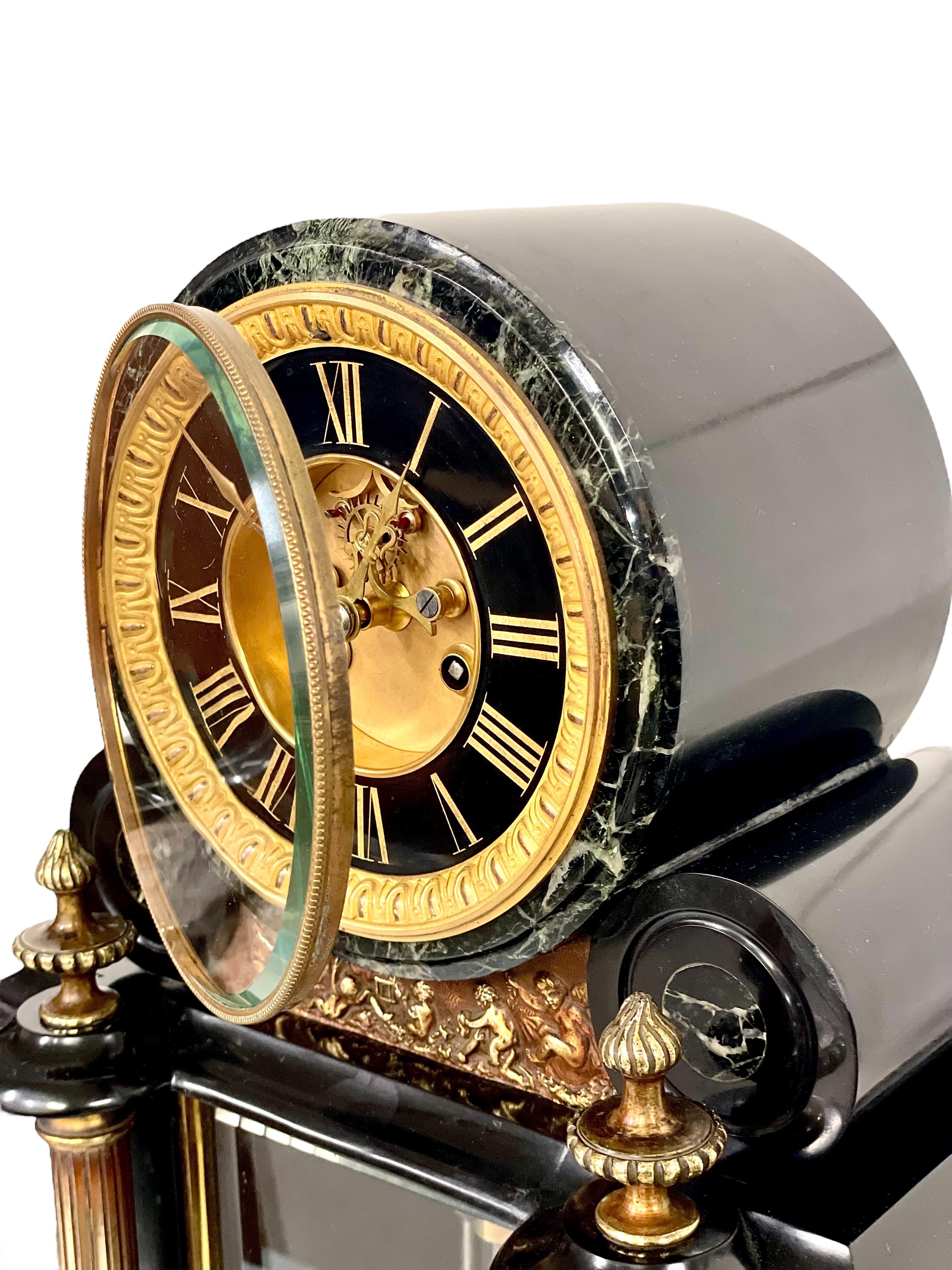 French Napoléon III Black and Green Marble Clock Garniture with Gilded Bronze Ornaments