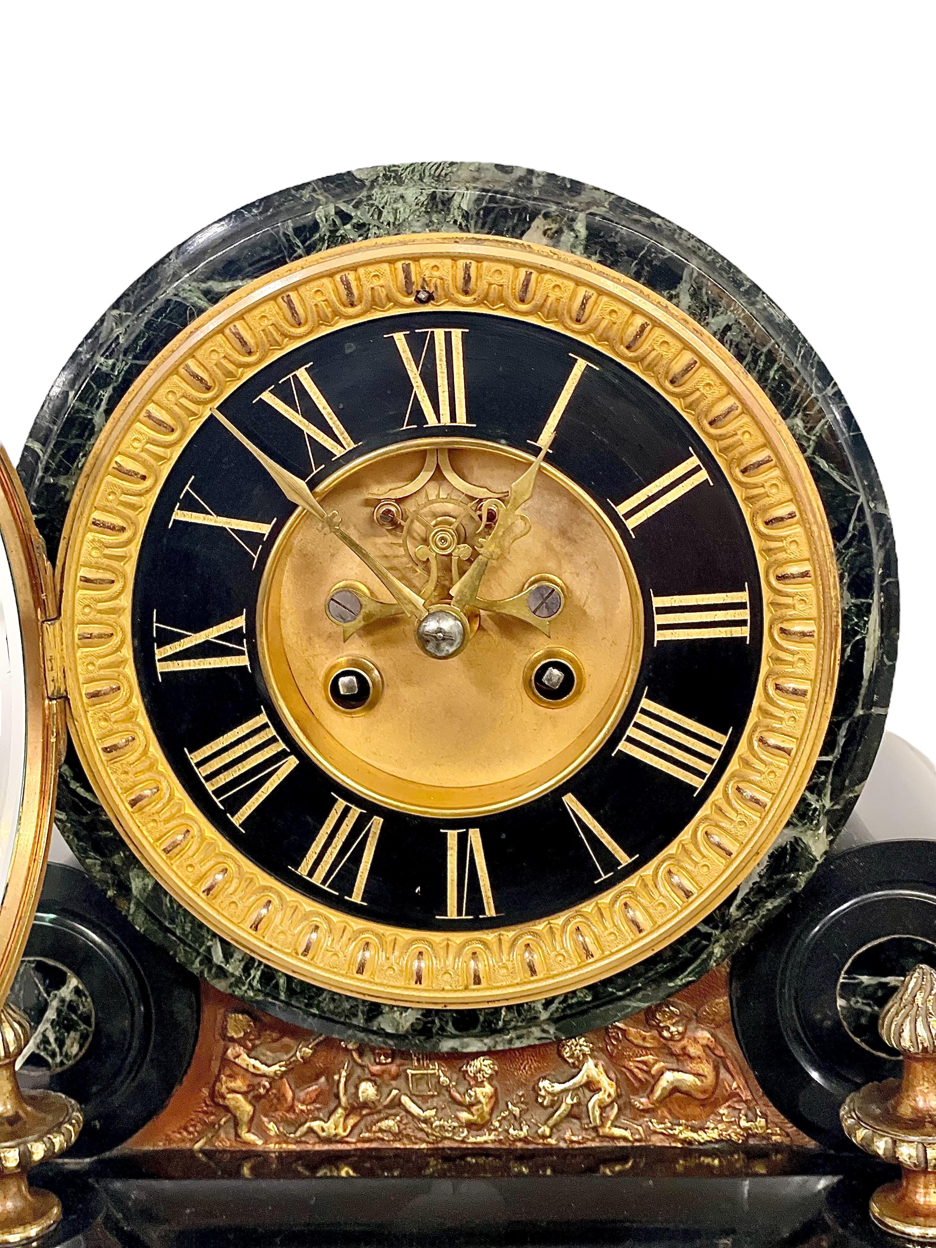 Napoléon III Black and Green Marble Clock Garniture with Gilded Bronze Ornaments In Good Condition In LA CIOTAT, FR