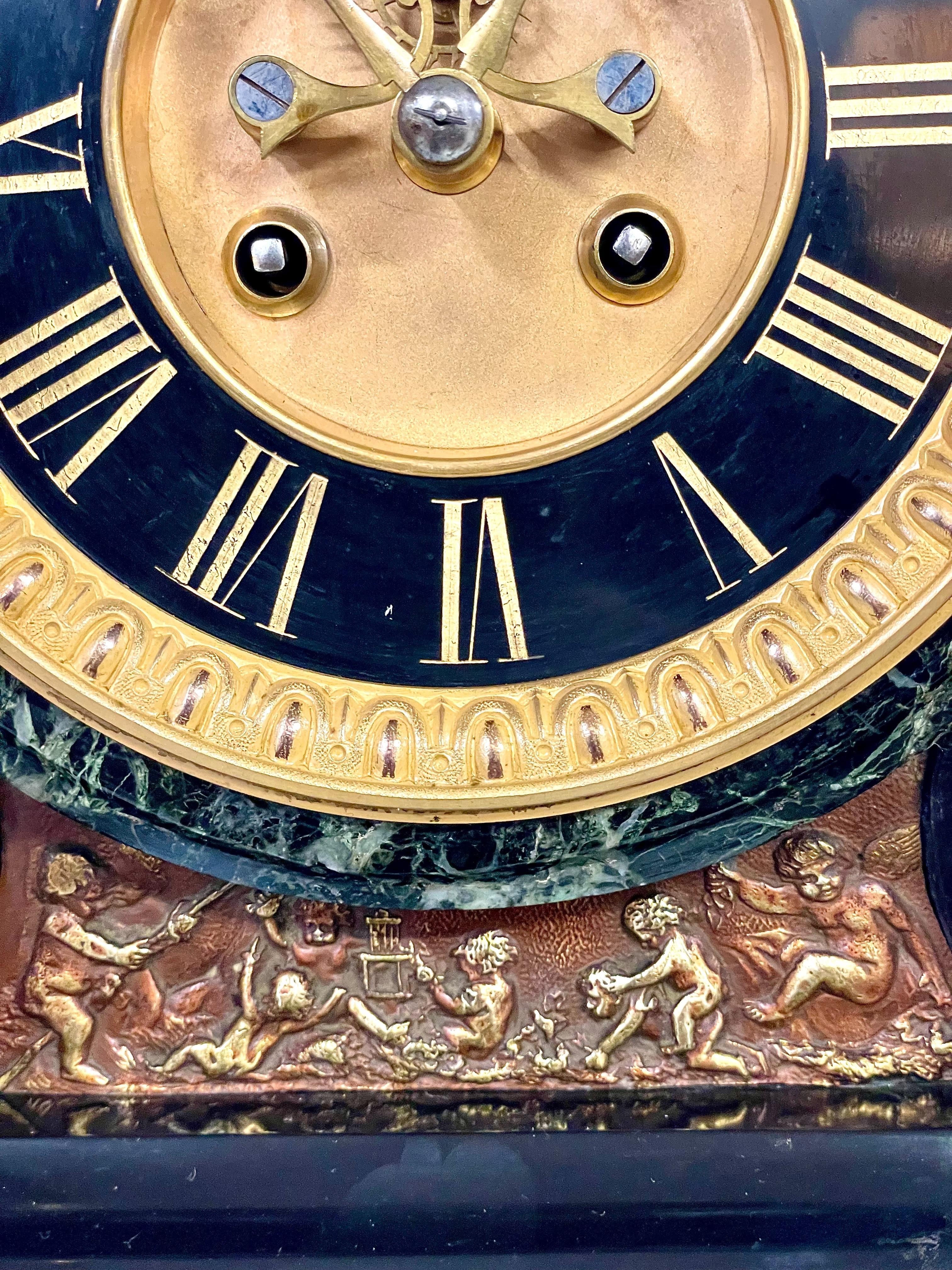 19th Century Napoléon III Black and Green Marble Clock Garniture with Gilded Bronze Ornaments