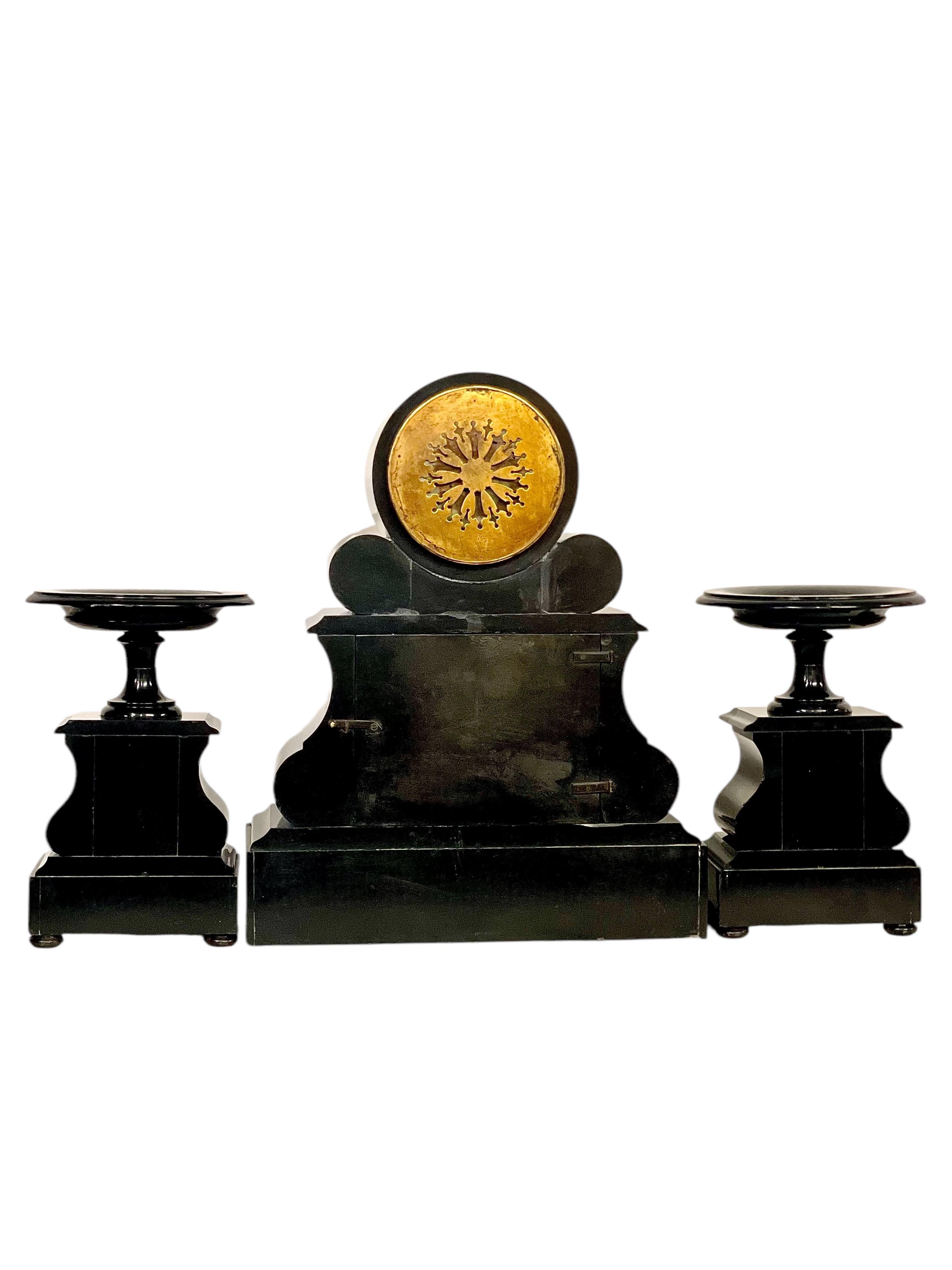 Napoléon III Black and Green Marble Clock Garniture with Gilded Bronze Ornaments 2