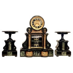 Napoléon III Black and Green Marble Clock Garniture with Gilded Bronze Ornaments