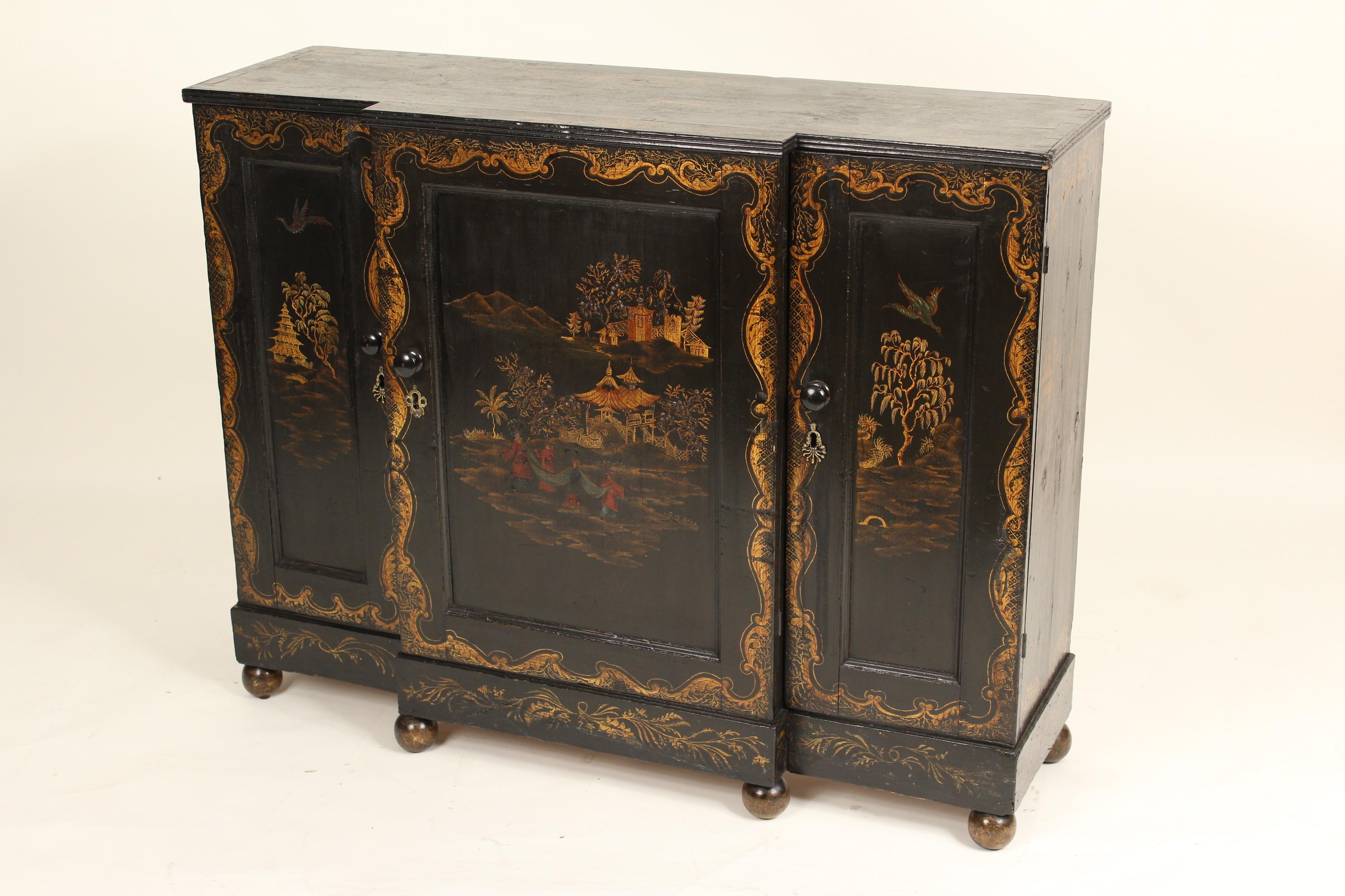 European Napoleon III Black Chinoiserie Decorated Narrow Sideboard