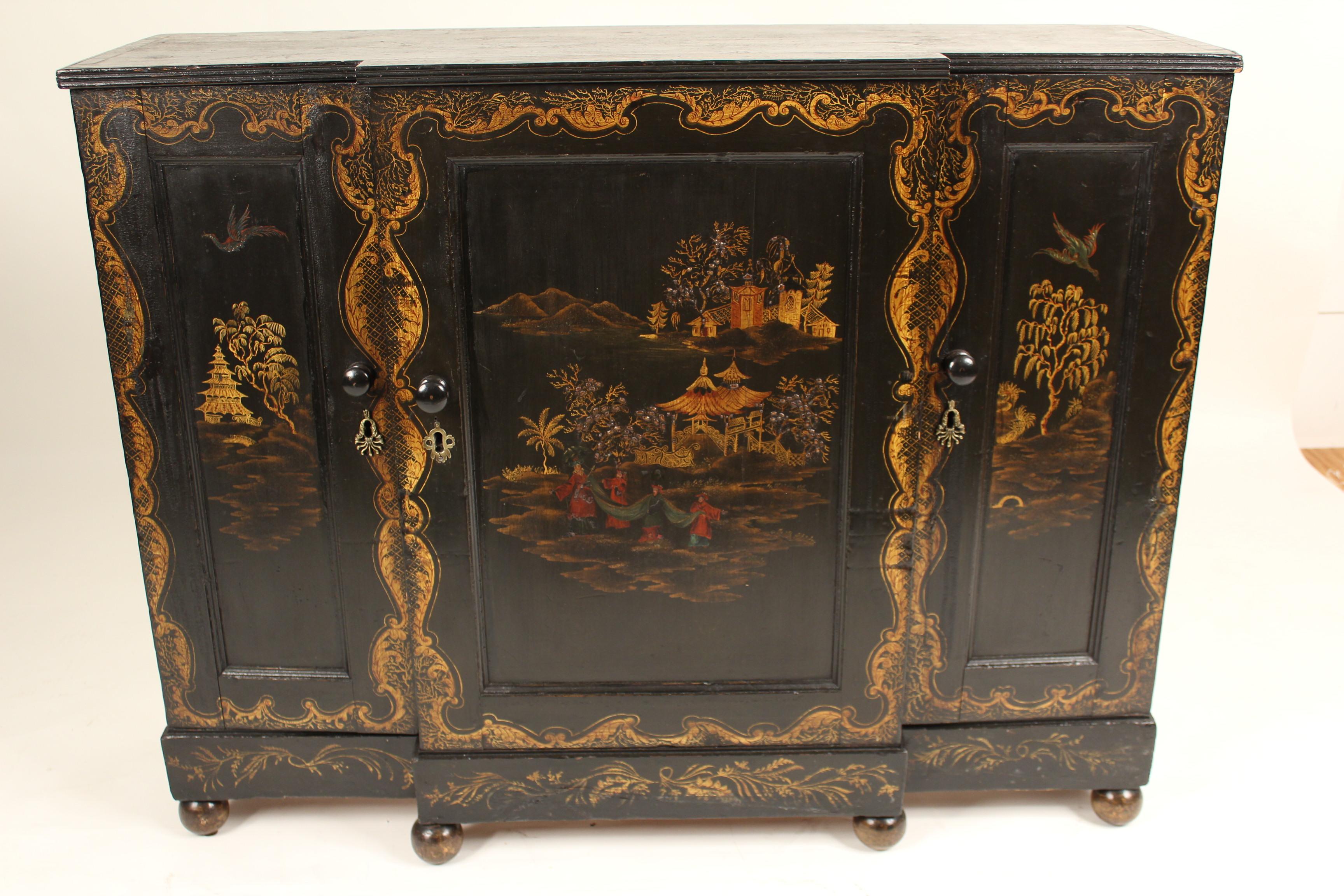 Napoleon III Black Chinoiserie Decorated Narrow Sideboard In Fair Condition In Laguna Beach, CA