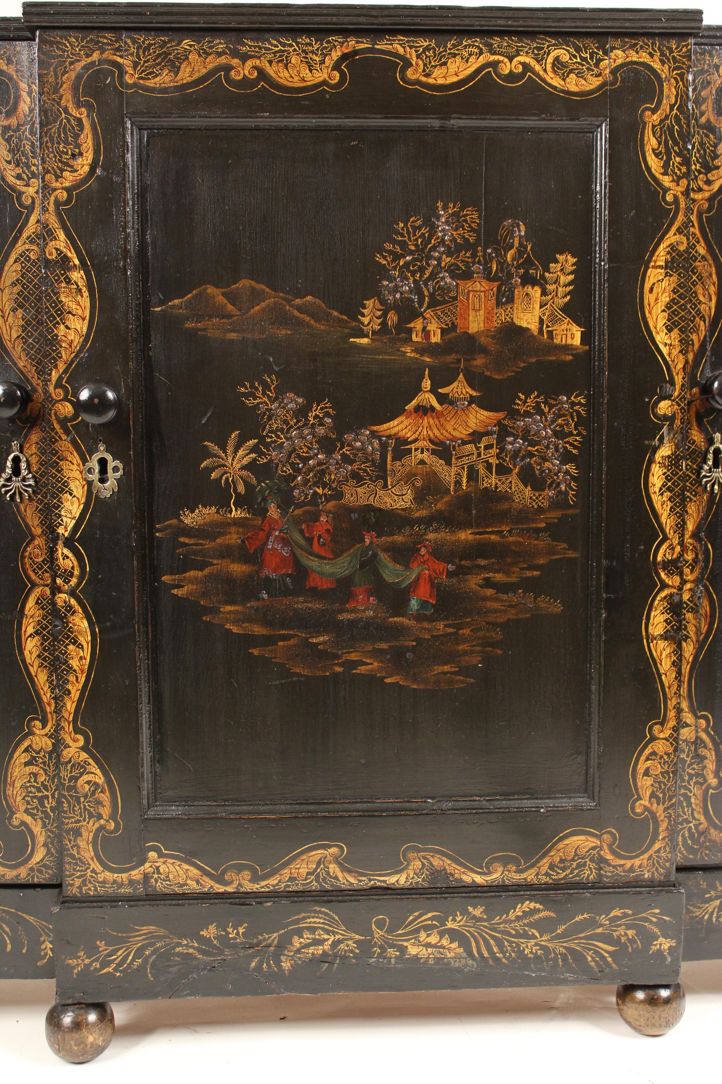 Late 19th Century Napoleon III Black Chinoiserie Decorated Narrow Sideboard