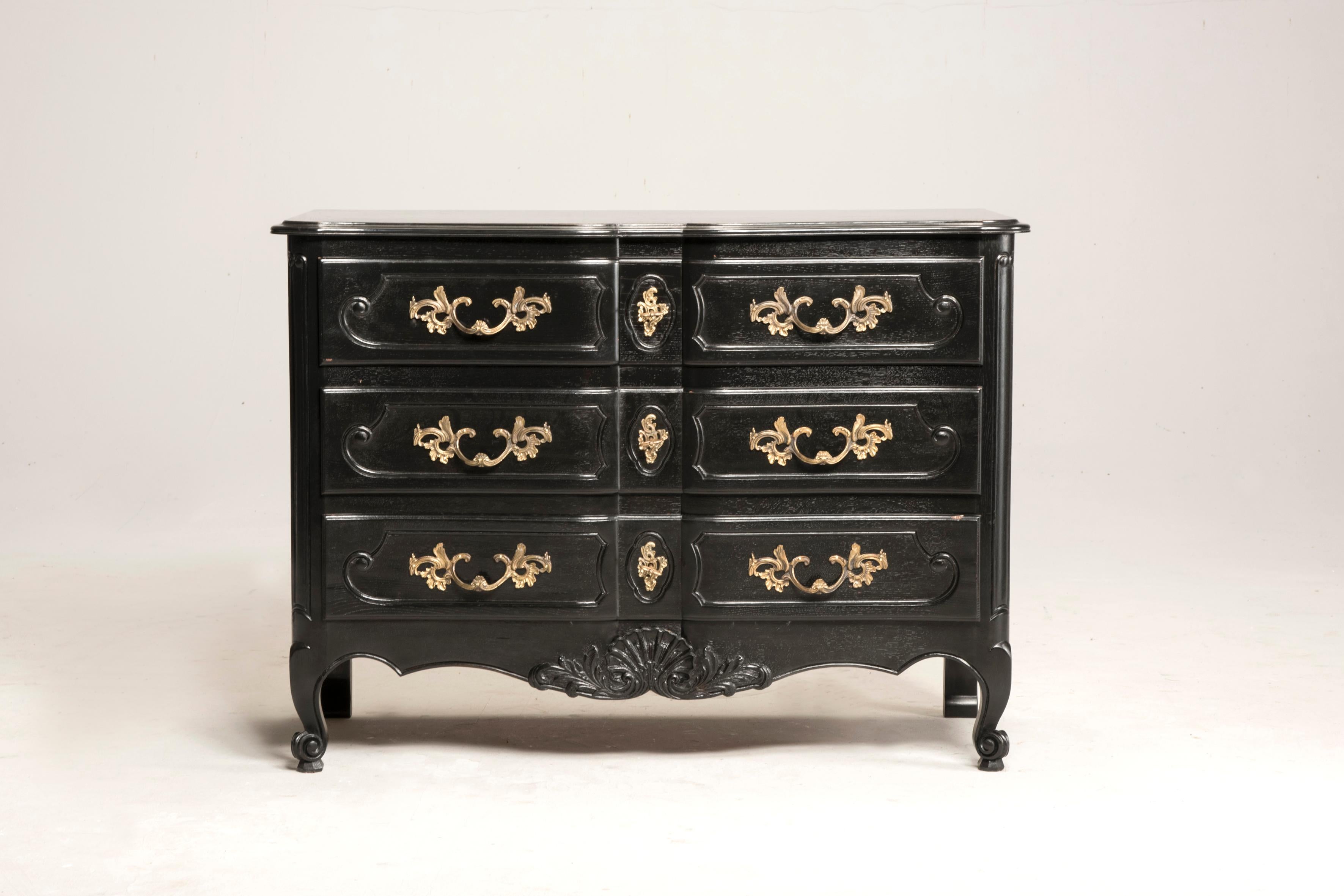 European Napoleon III Black Durmast Wood Golden Bronze Handles French Chest of Drawers