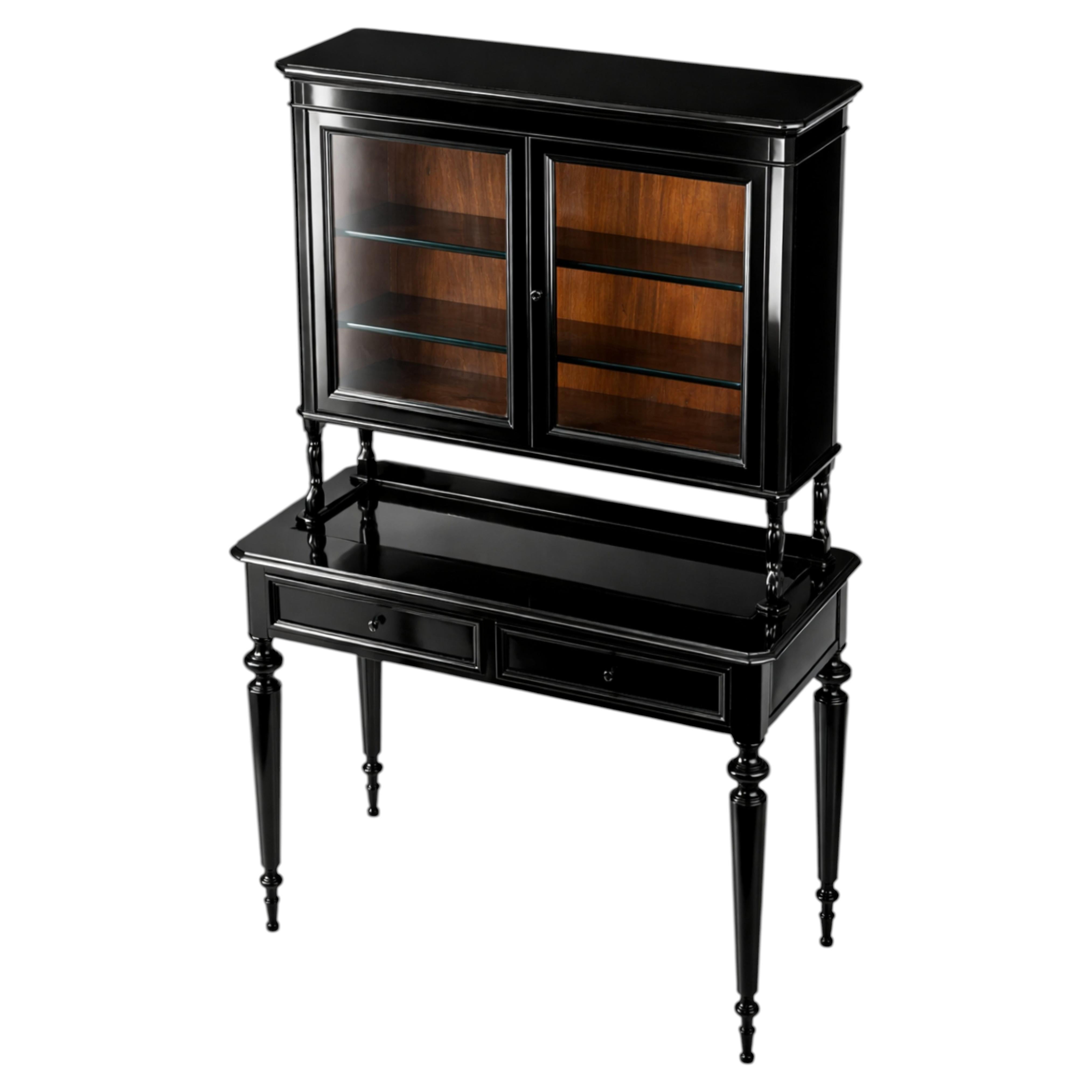 Napoleon III Black Lacquer Bonheur du Jour Secretary Desk Vitrine, 19th Century