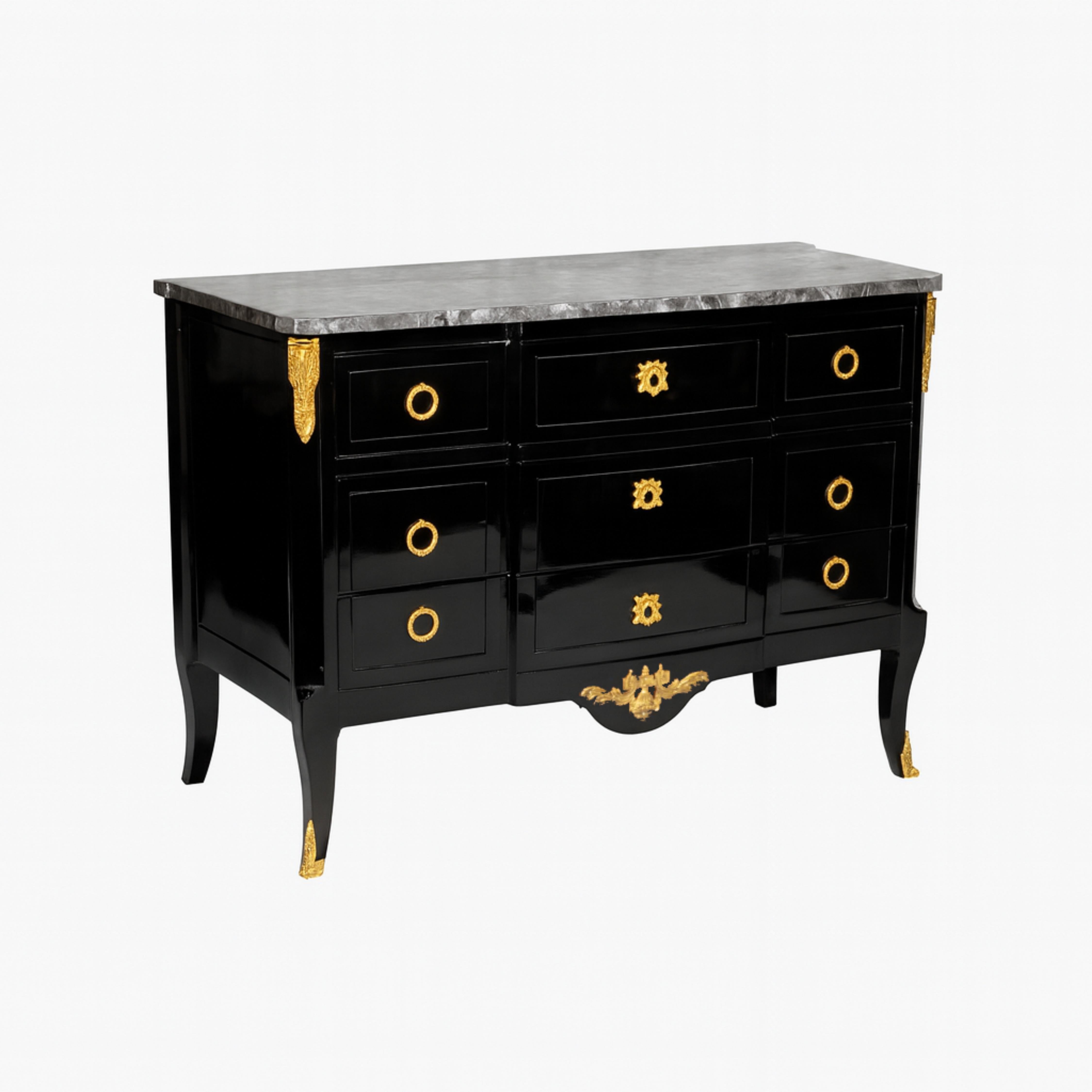 A marble top black lacquer refinish breakfront shape french Napoleon III commode with tapered feet adorned, chiseled brass shoes, handles and friezes intricately bronze chiseled, while the top boasts beveled edges and three spacious dovetailed