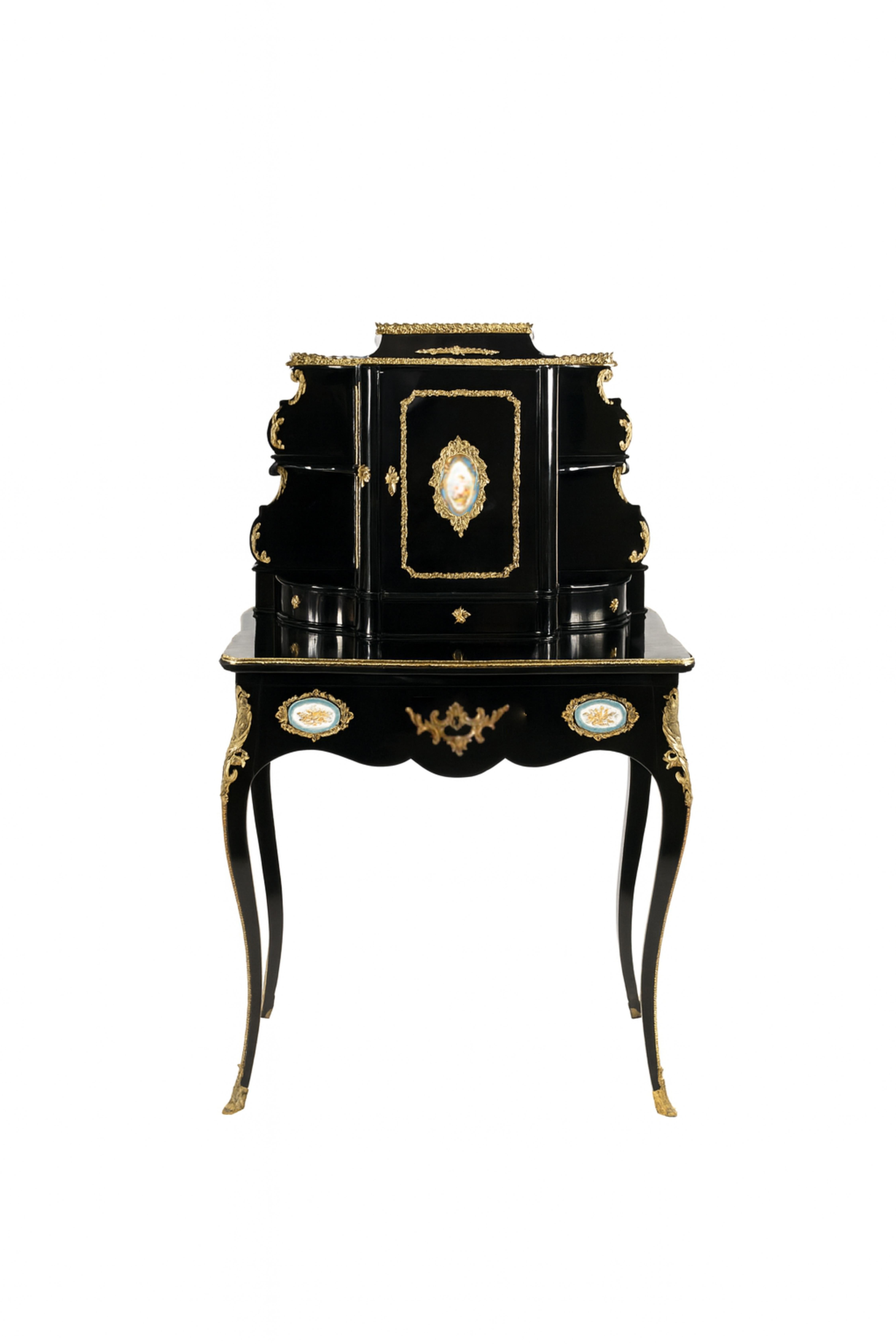 Napoleon III Schwarzer Lack Bronze und Porzellan Bonheur du Jour Schreibtisch im Zustand „Gut“ im Angebot in Lisbon, PT