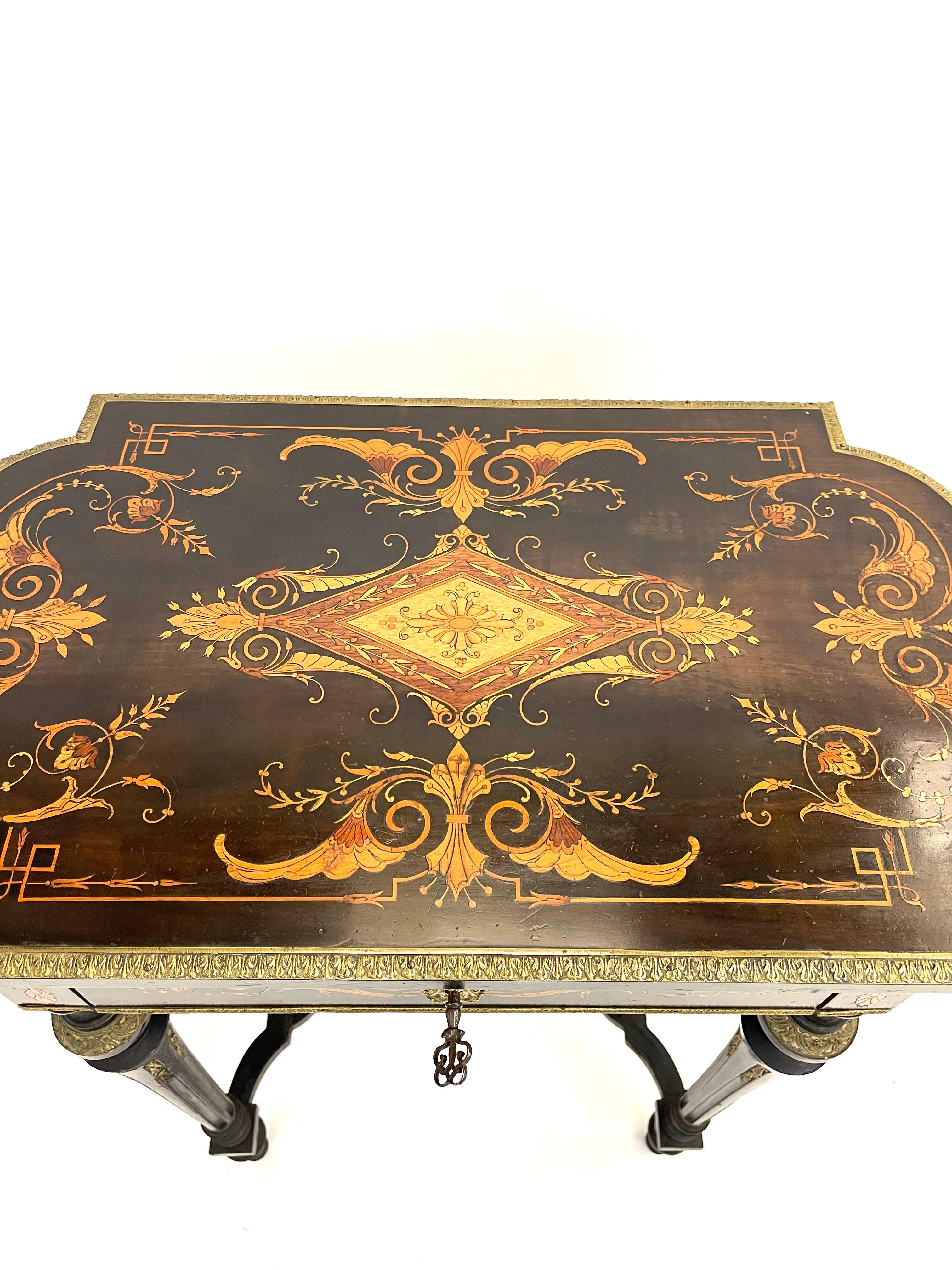 French Napoleon III Blackened Wood Side Table with Intricate Marquetry Design 19th For Sale