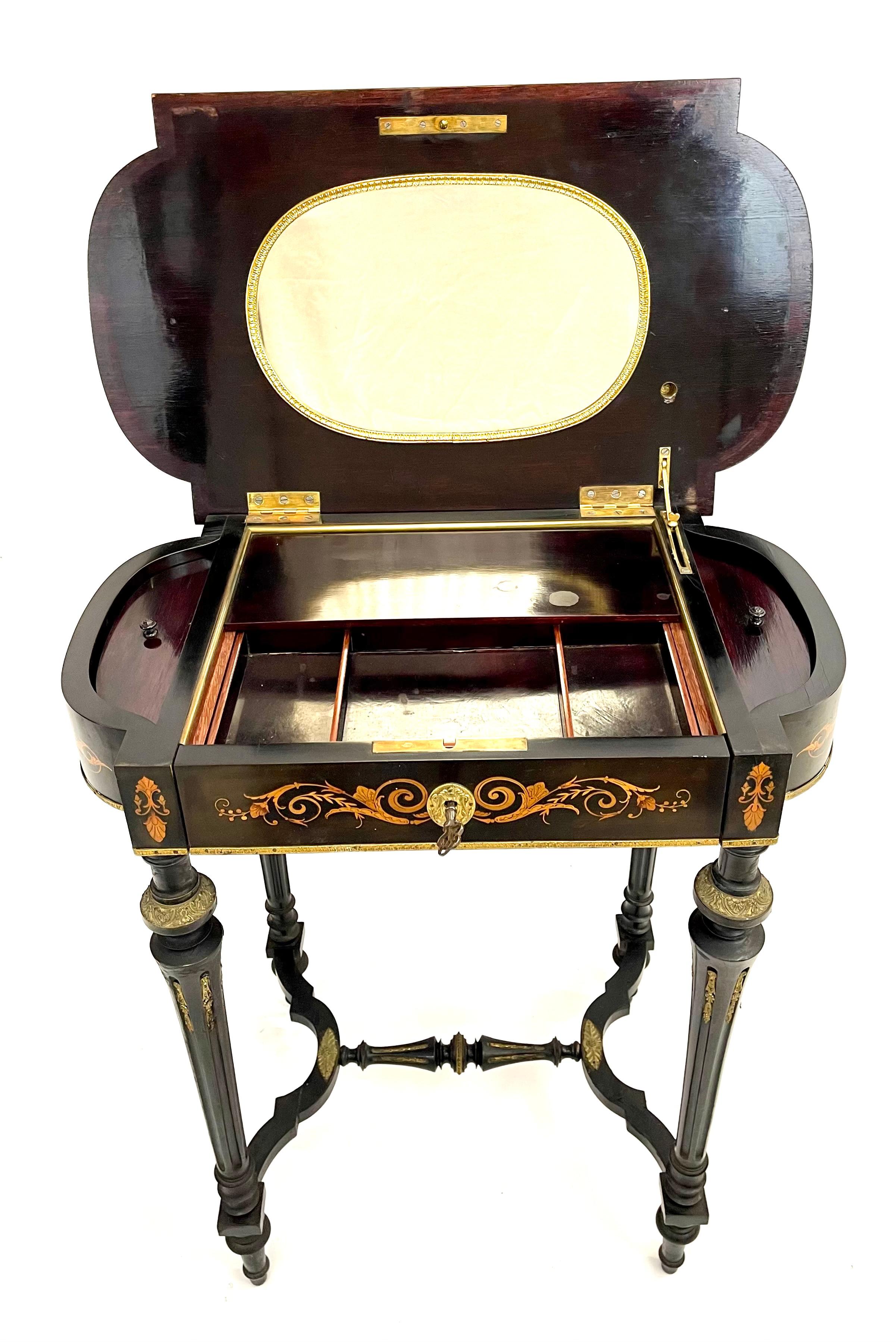 19th Century Napoleon III Blackened Wood Side Table with Intricate Marquetry Design 19th For Sale