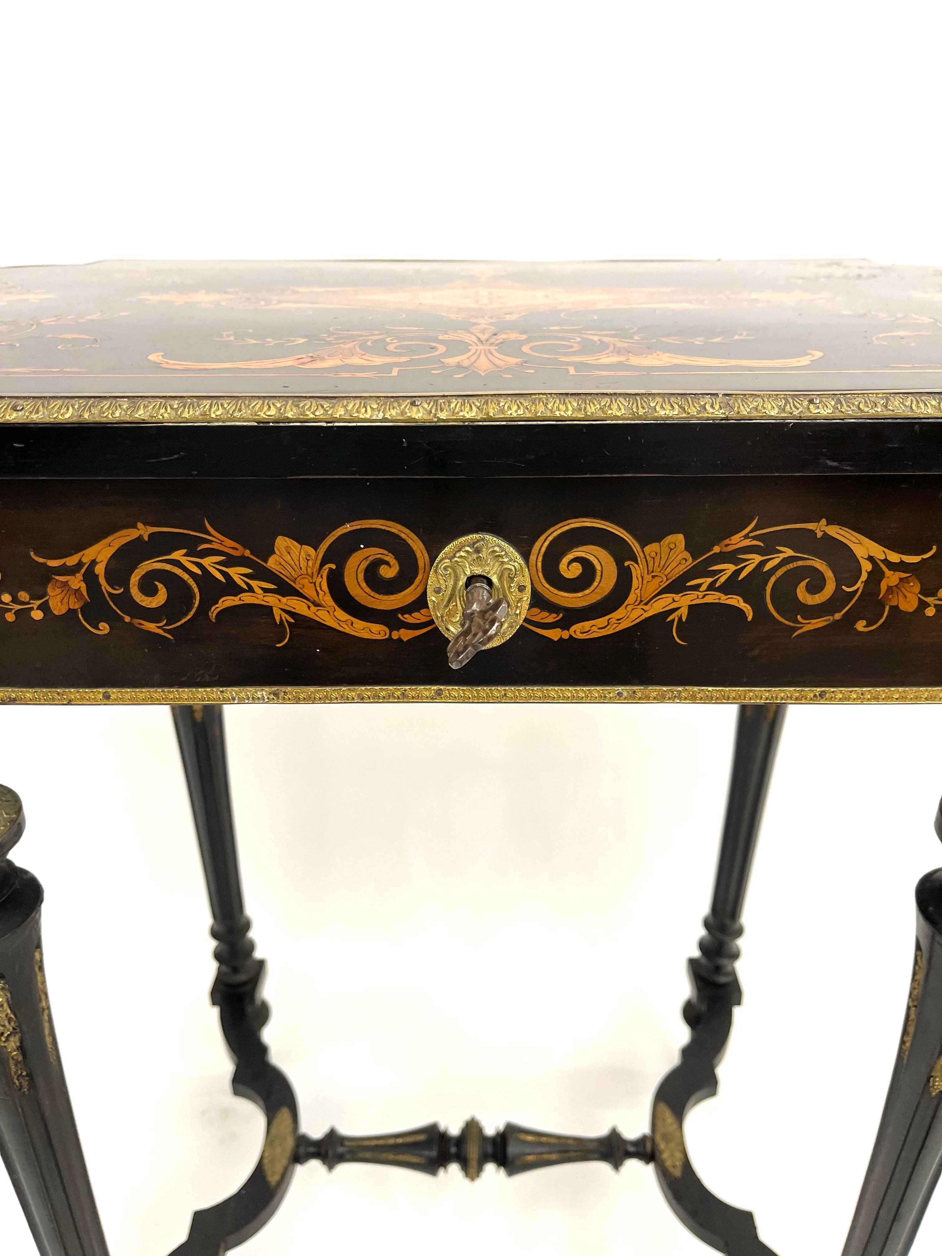 Napoleon III Blackened Wood Side Table with Intricate Marquetry Design 19th For Sale 1