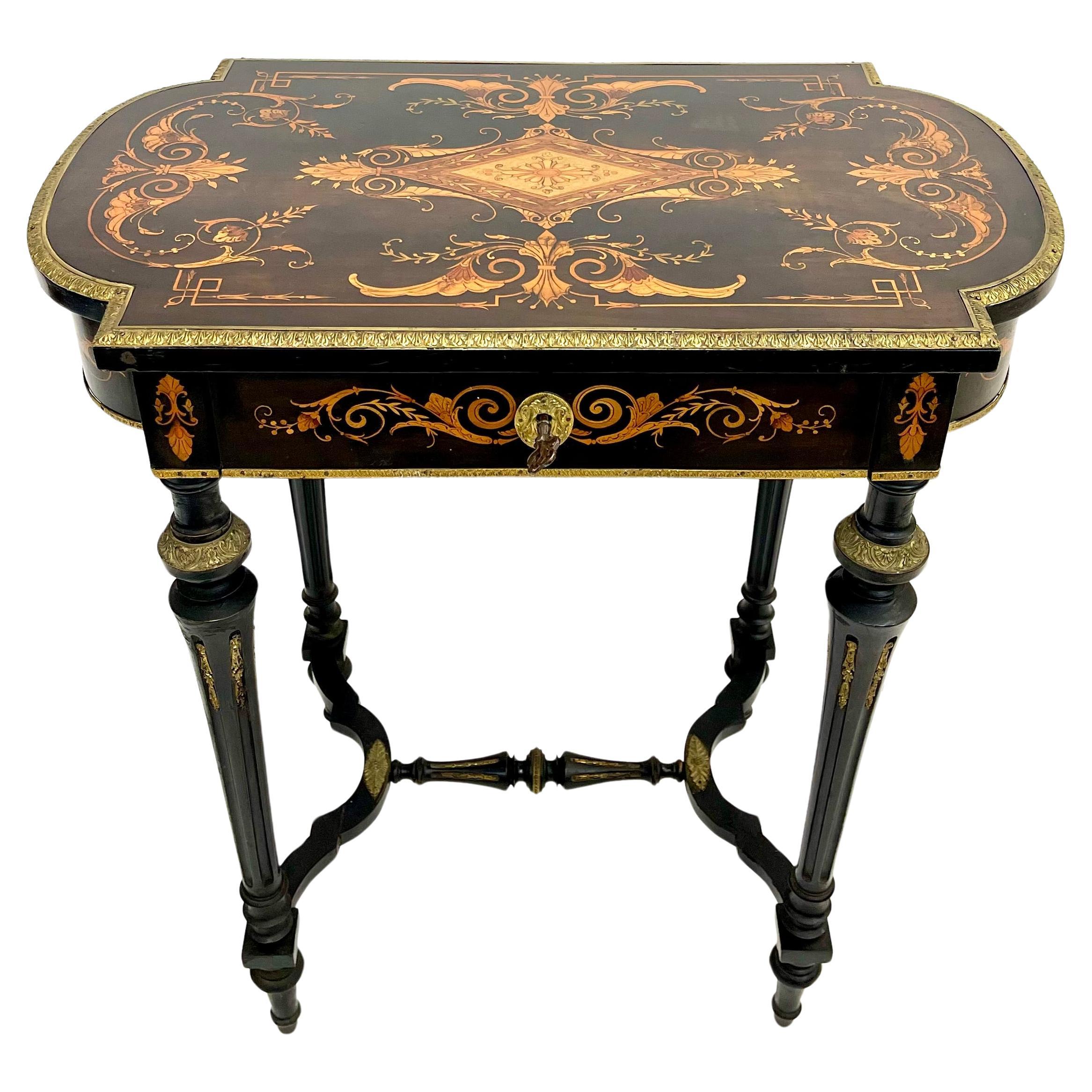 Napoleon III Blackened Wood Side Table with Intricate Marquetry Design 19th For Sale