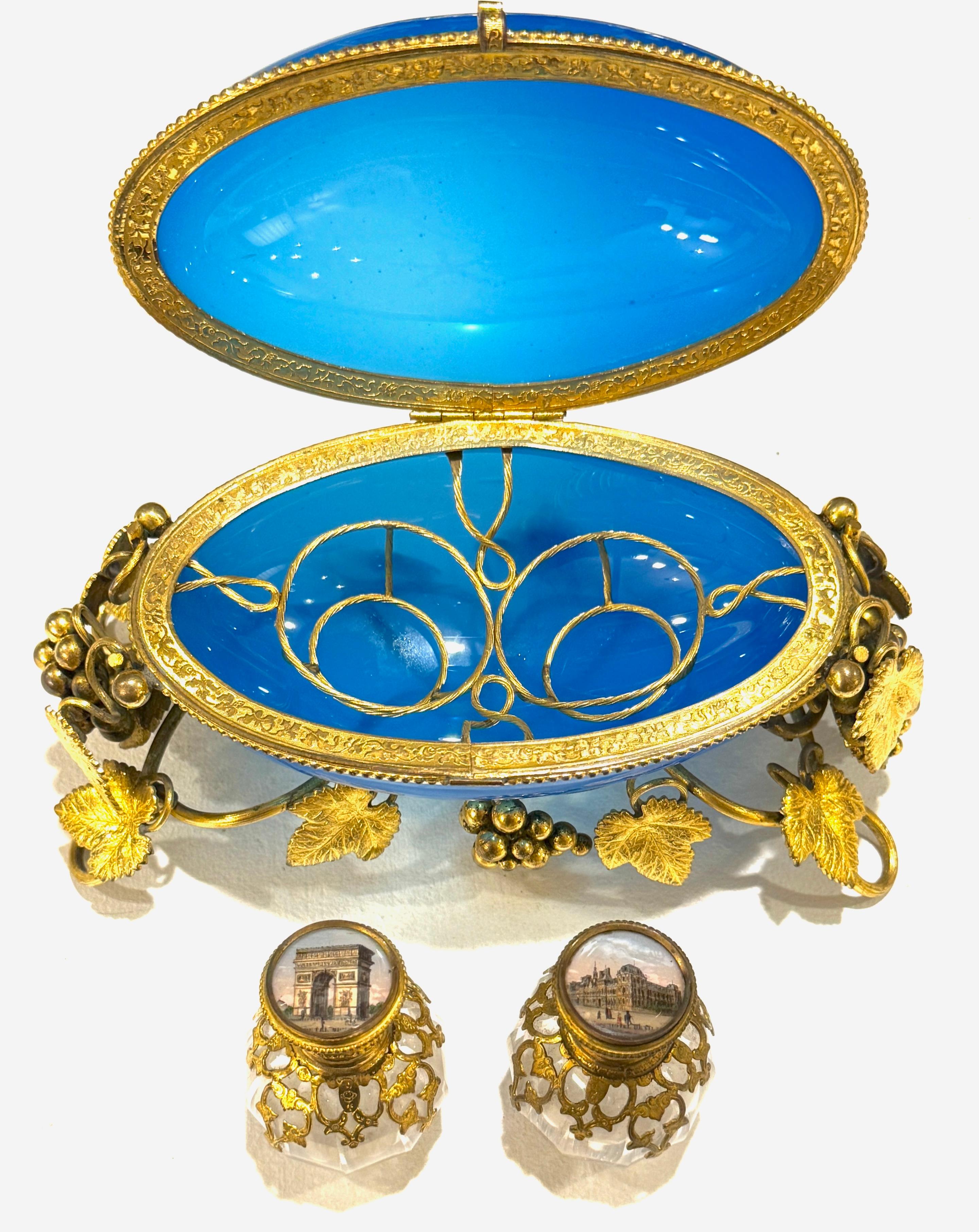 Napoleon III Blue Opaline “Egg in Nest” Perfume Casket Paris Views, Palais Royal For Sale 10
