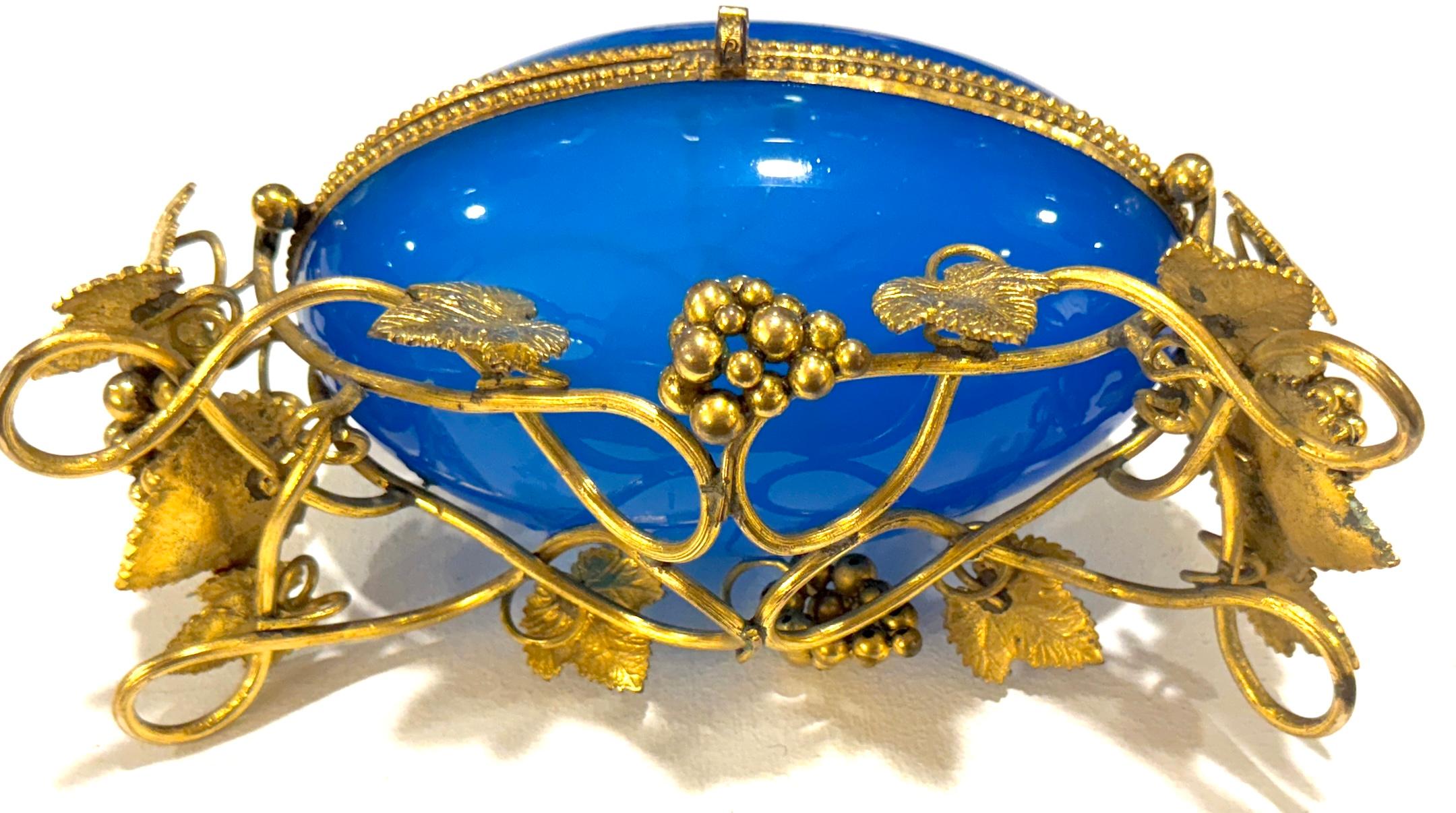 Napoleon III Blue Opaline “Egg in Nest” Perfume Casket Paris Views, Palais Royal For Sale 11