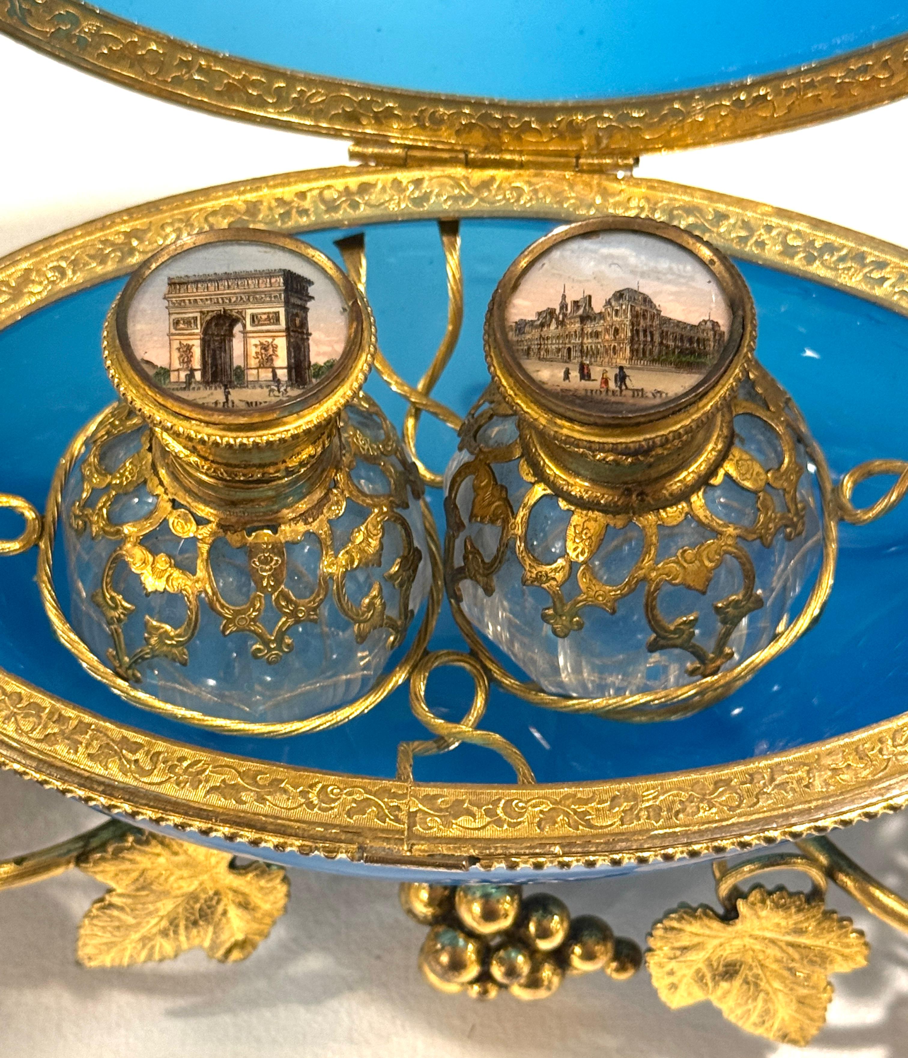 French Napoleon III Blue Opaline “Egg in Nest” Perfume Casket Paris Views, Palais Royal For Sale