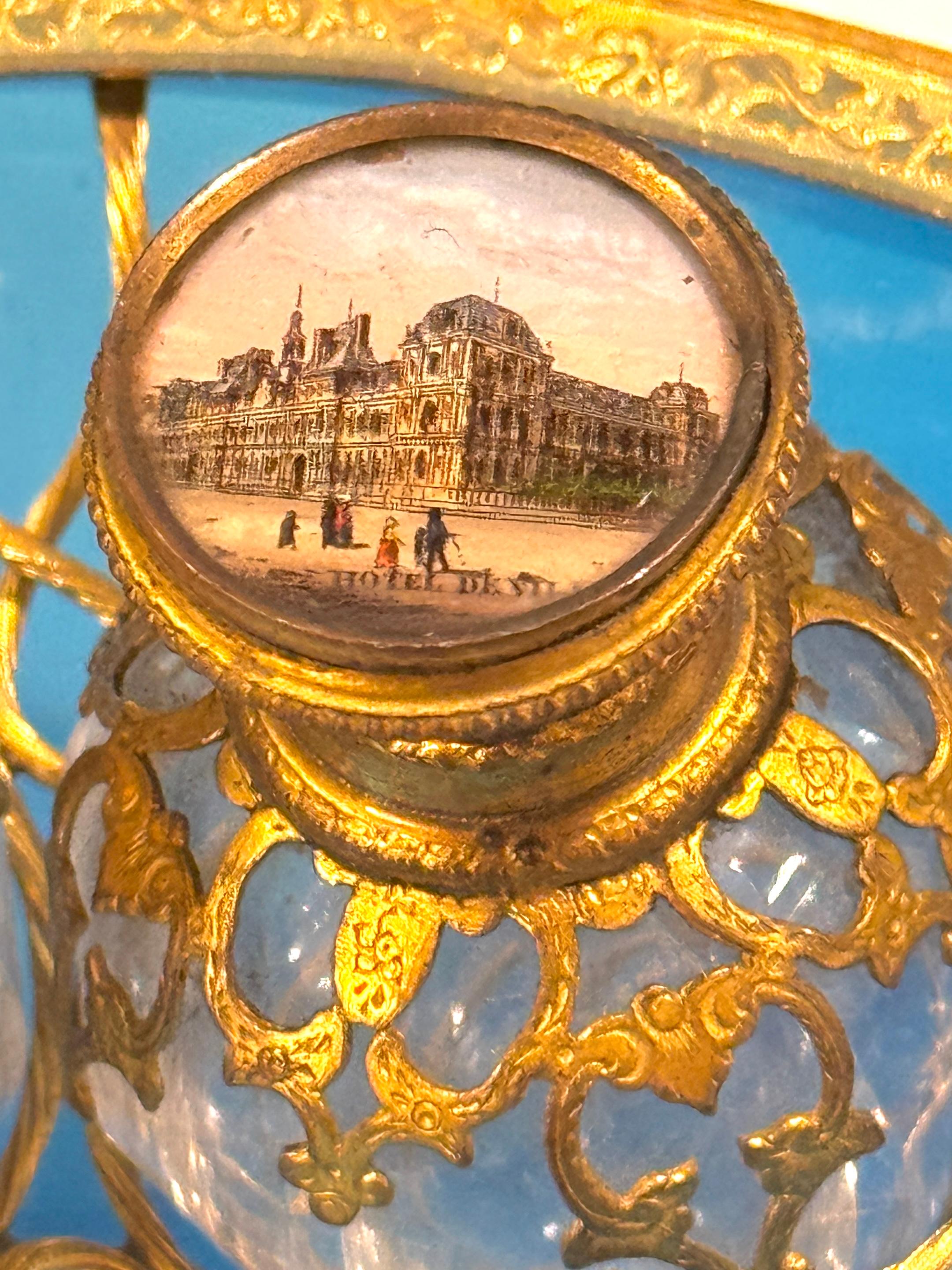 19th Century Napoleon III Blue Opaline “Egg in Nest” Perfume Casket Paris Views, Palais Royal For Sale