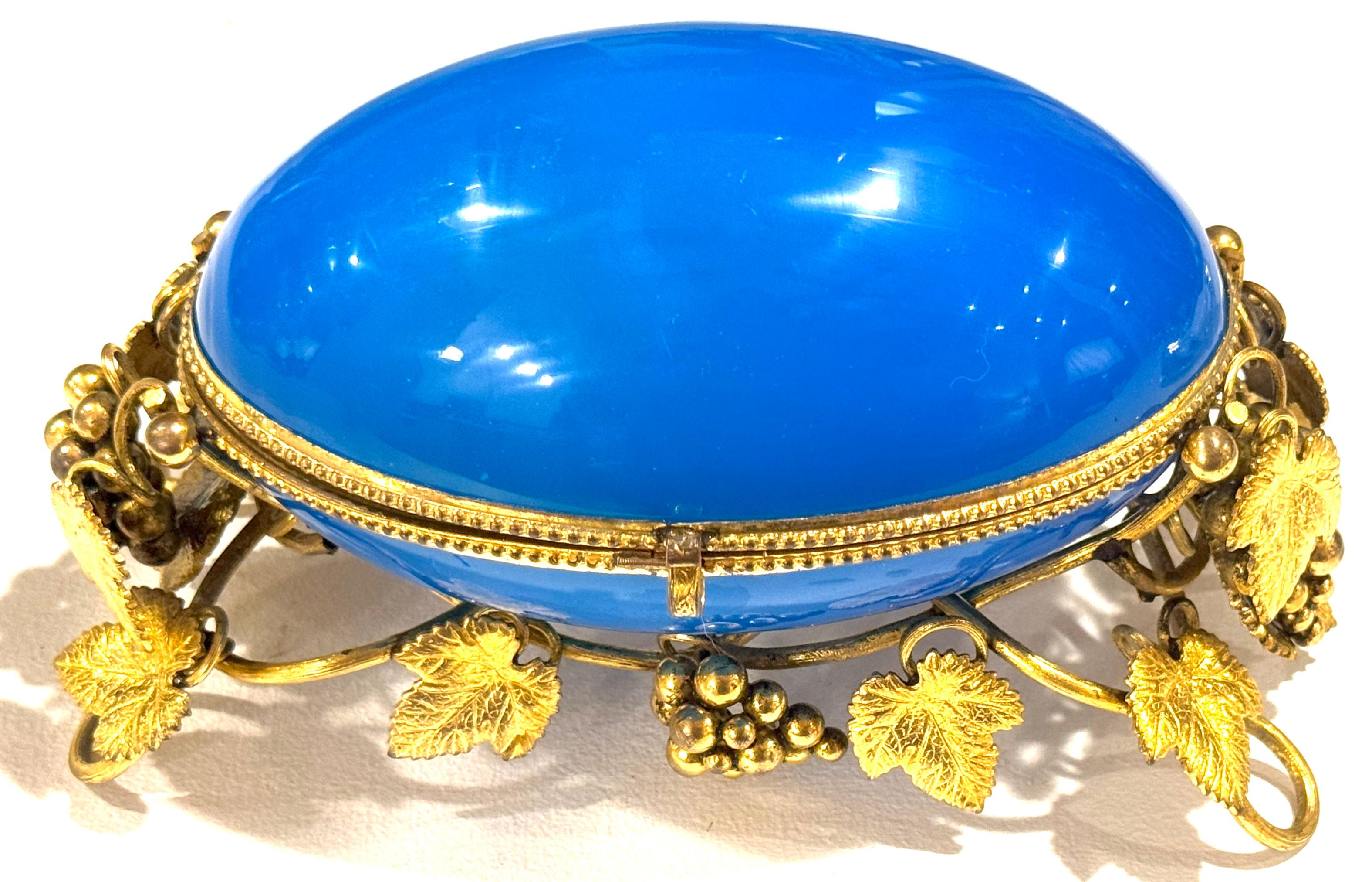 Glass Napoleon III Blue Opaline “Egg in Nest” Perfume Casket Paris Views, Palais Royal For Sale