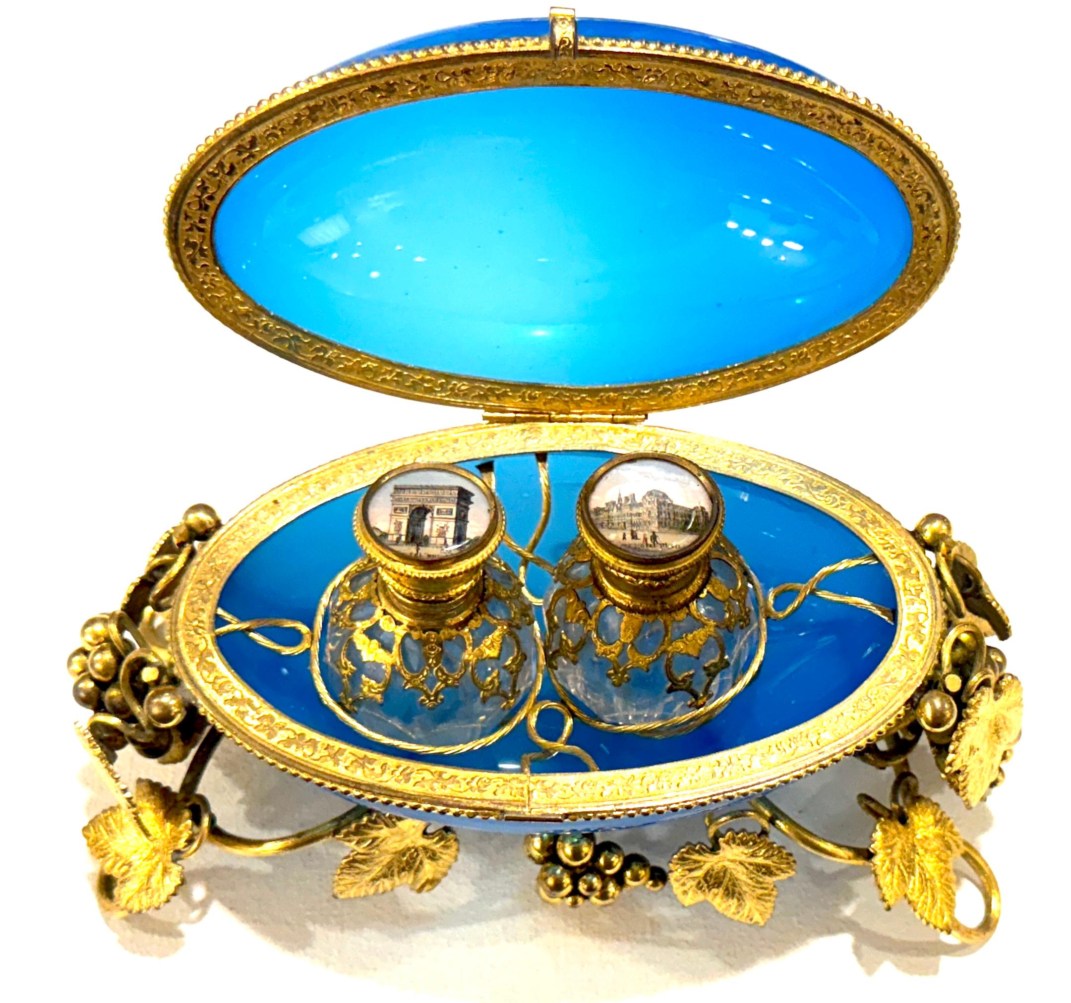 Napoleon III Blue Opaline “Egg in Nest” Perfume Casket Paris Views, Palais Royal For Sale 1