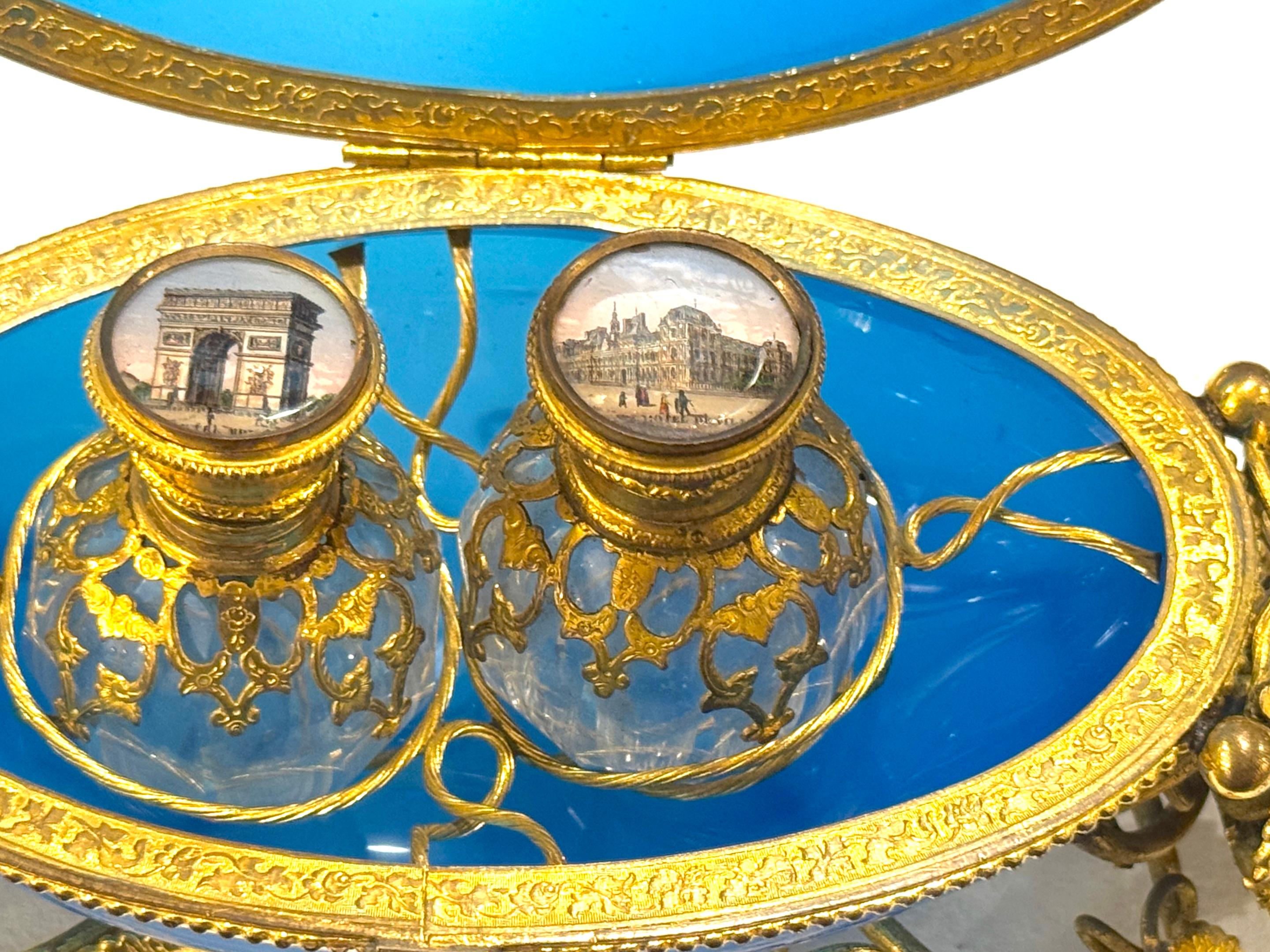 Napoleon III Blue Opaline “Egg in Nest” Perfume Casket Paris Views, Palais Royal For Sale 2