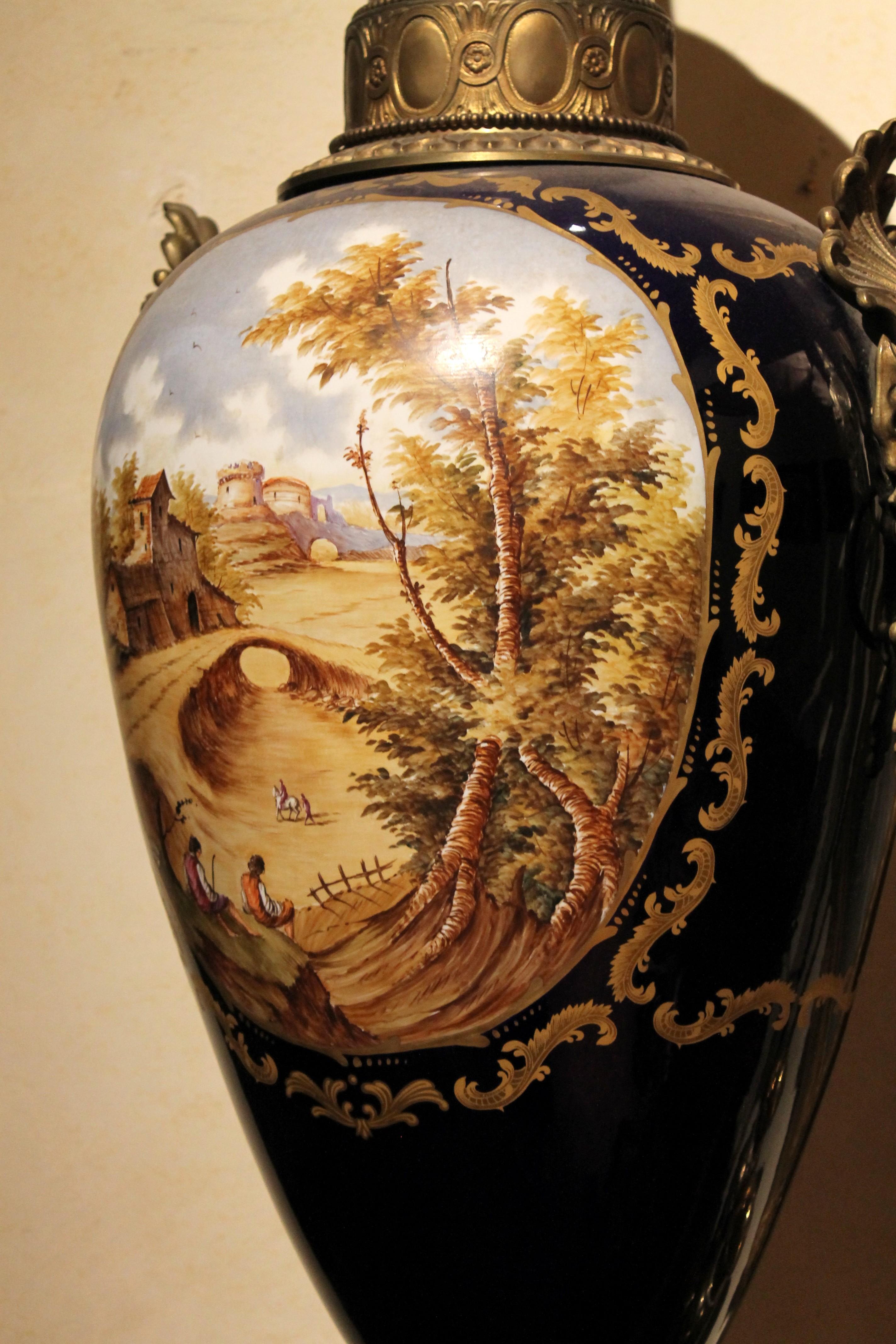 Napoleon III Blue Royal Lidded Vases Hand Painted Landscapes and Bronze Handles For Sale 5