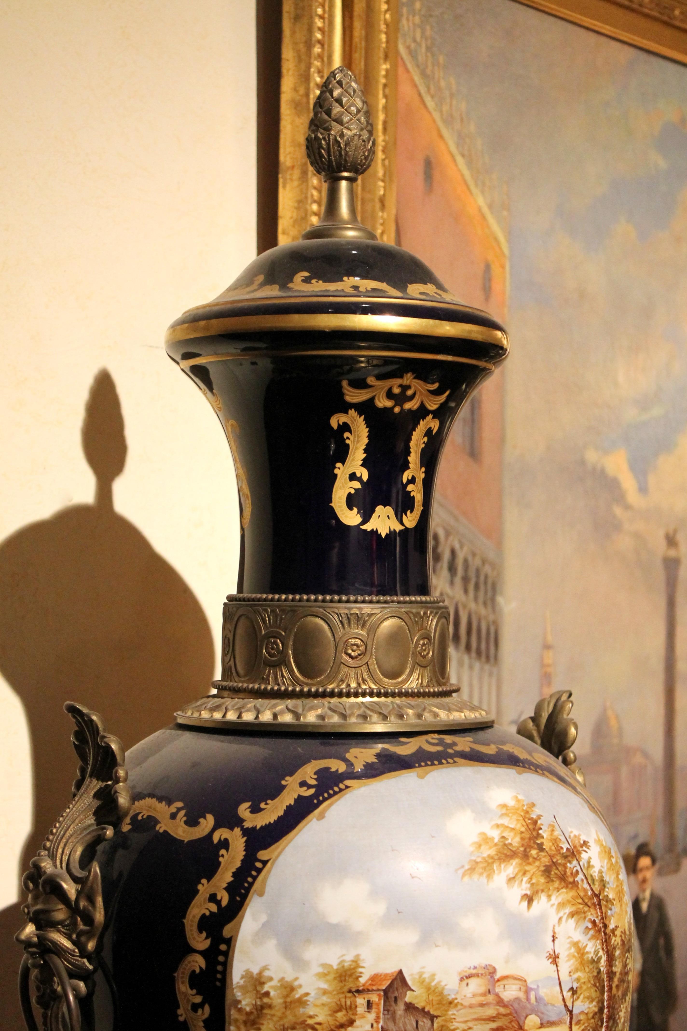 Napoleon III Blue Royal Lidded Vases Hand Painted Landscapes and Bronze Handles 7