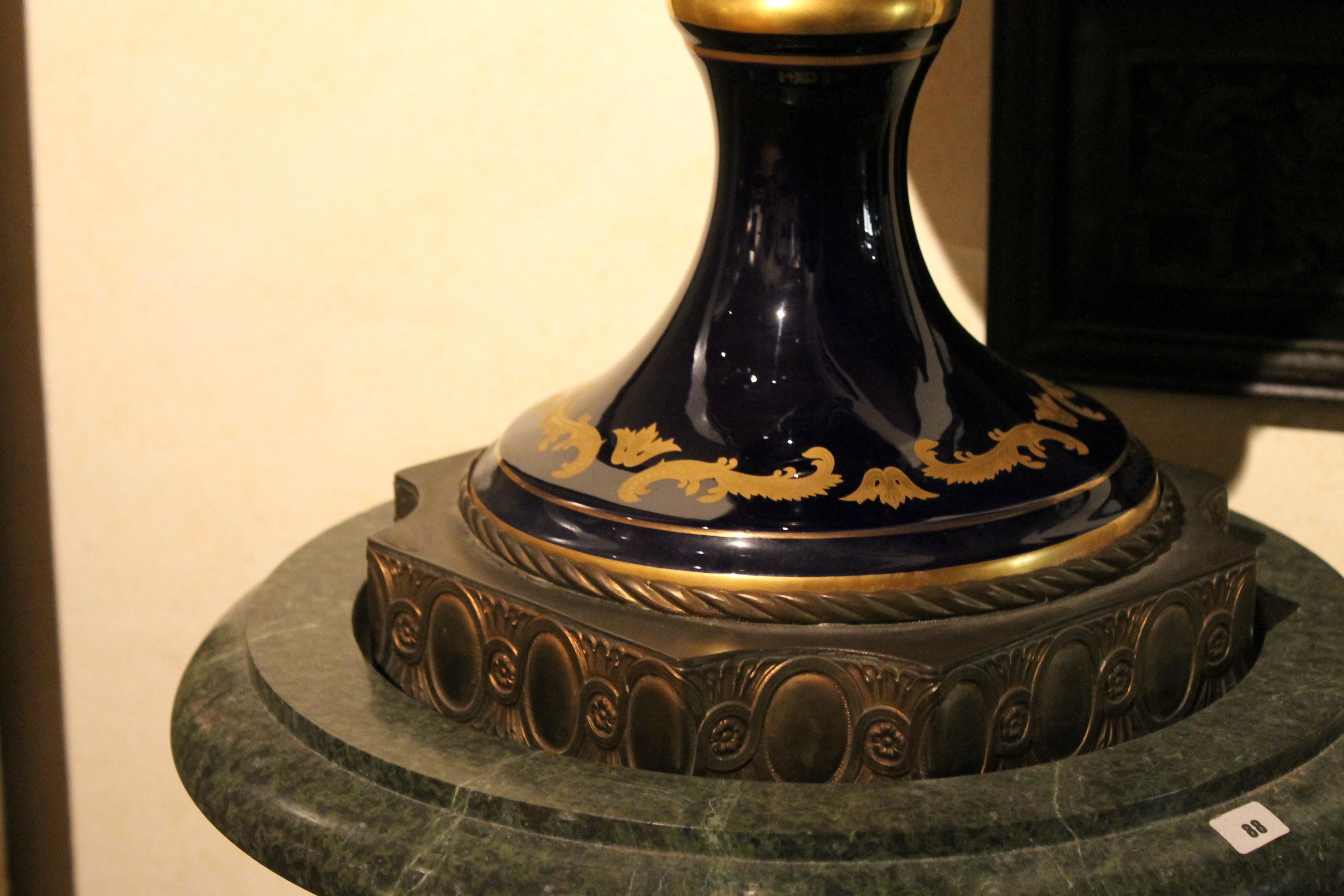 Napoleon III Blue Royal Lidded Vases Hand Painted Landscapes and Bronze Handles 9