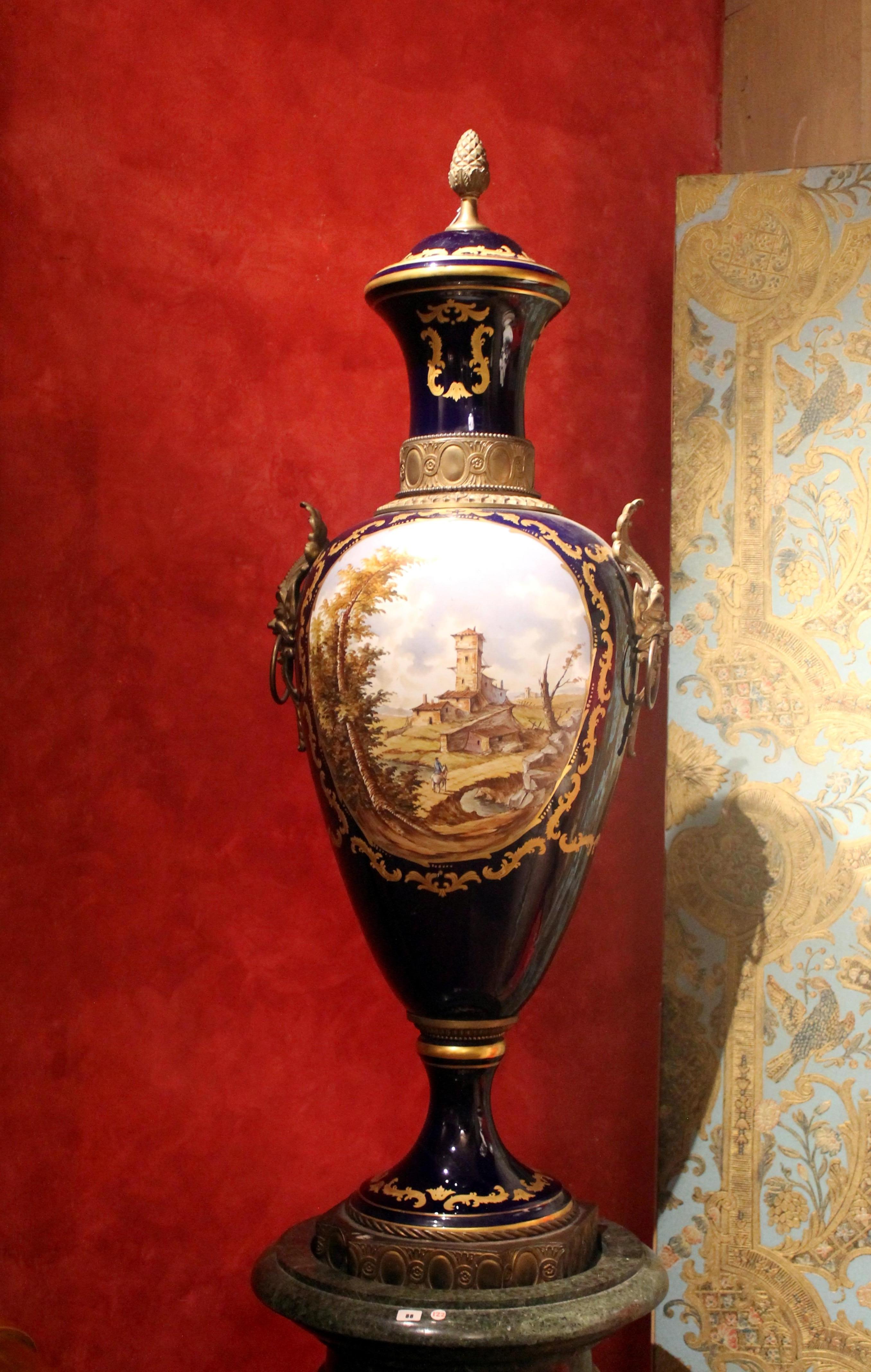 Napoleon III Blue Royal Lidded Vases Hand Painted Landscapes and Bronze Handles 12