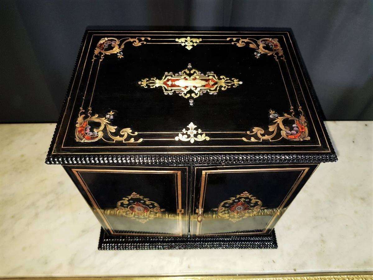 Blackened Napoleon III Boulle and Baccarat Liquor and Cigar Cabinet, France, 1860