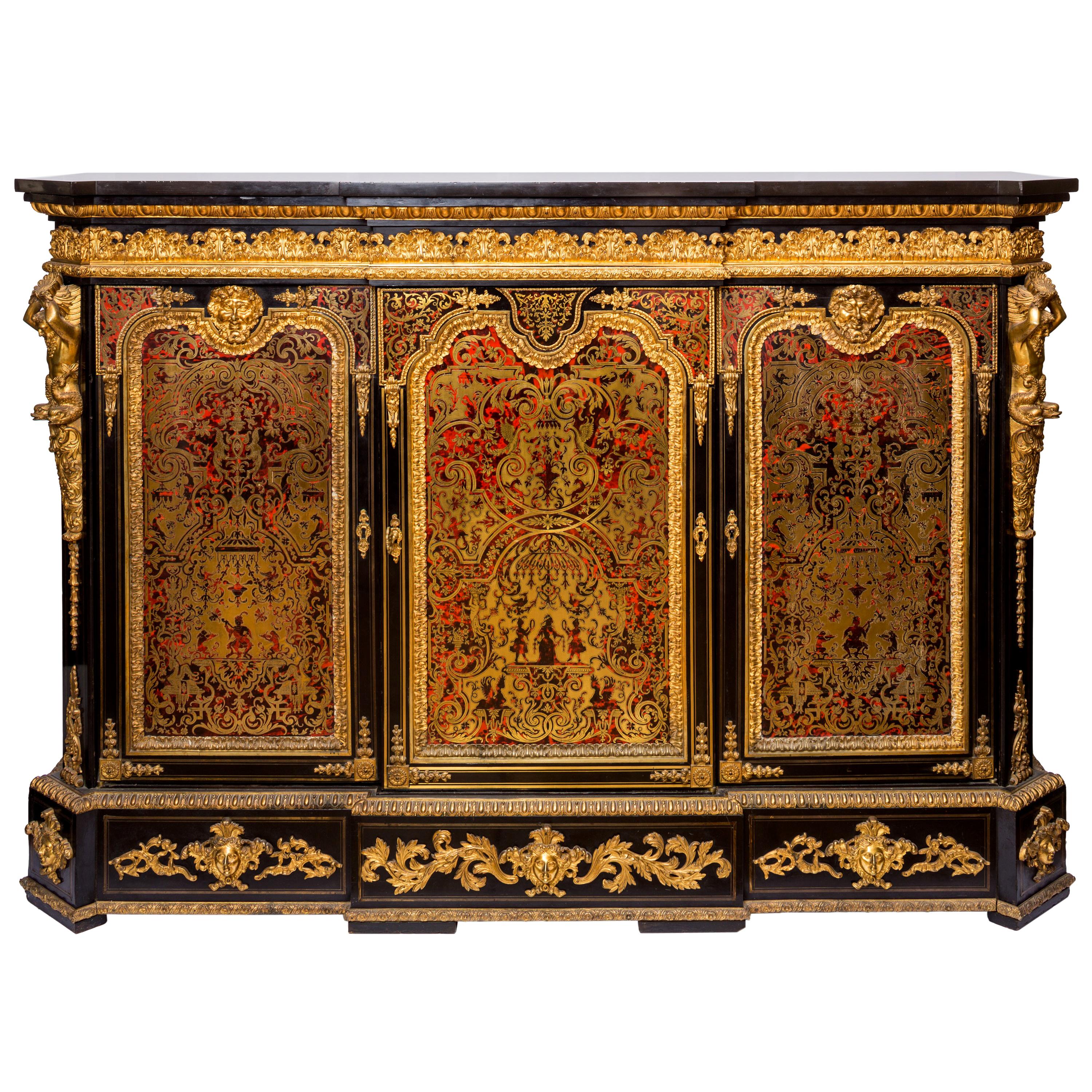 Boulle-Kommode im Stil Napoleons III. mit Schildpatt-Intarsien und Goldbronze-Details