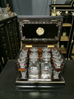 Napoleon III Boulle Liquor Cellar Cabinet and Baccarat Crystal Set