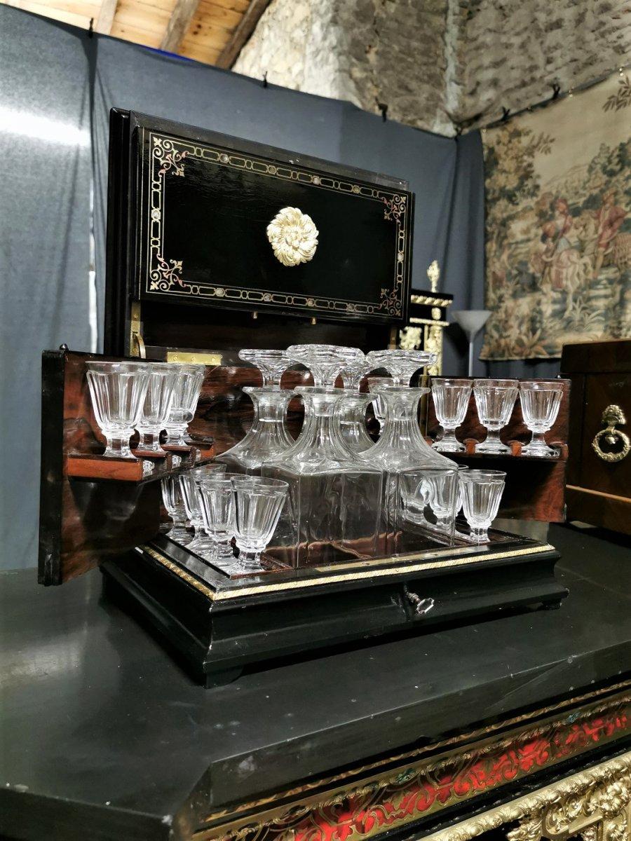 Blackened Napoleon III Boulle Liquor Cellar Cabinet and Baccarat Crystal Set