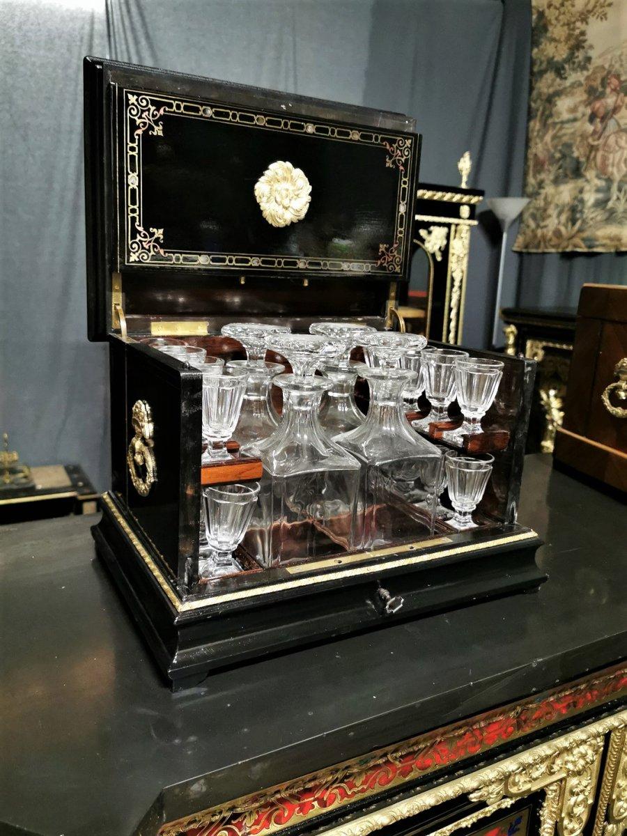Napoleon III Boulle Liquor Cellar Cabinet and Baccarat Crystal Set In Good Condition In Paris, FR