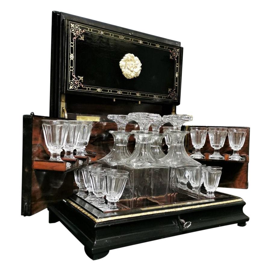 Napoleon III Boulle Liquor Cellar Cabinet and Baccarat Crystal Set