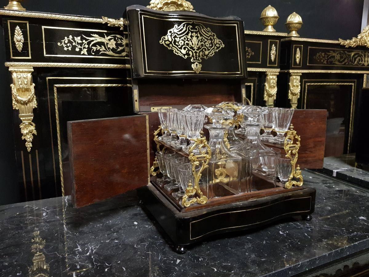 French Napoleon III Boulle Marquetry and Baccarat Crystal Cave a Liqueur, 19th Century