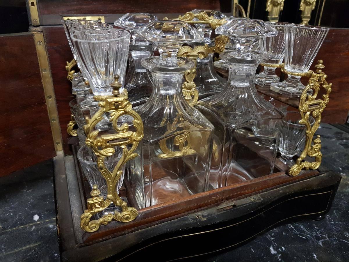 Blackened Napoleon III Boulle Marquetry and Baccarat Crystal Cave a Liqueur, 19th Century