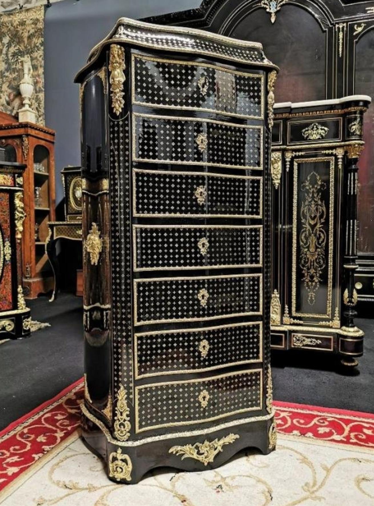 Blackened Napoleon III Boulle Marquetry Secretary, France, 19th Century