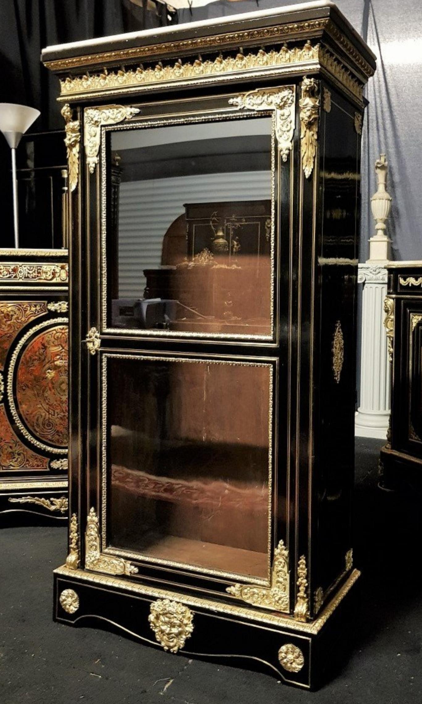 Blackened Napoleon III Boulle Vitrine Bookcase Cabinet, France, 1865