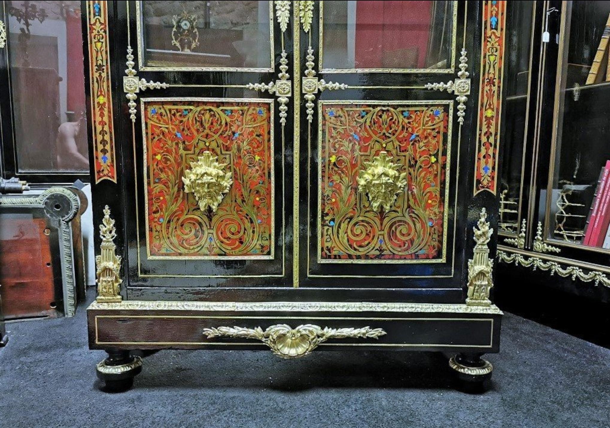 Blackened Napoleon III Boulle Vitrine Bookcase, France, 19th Century